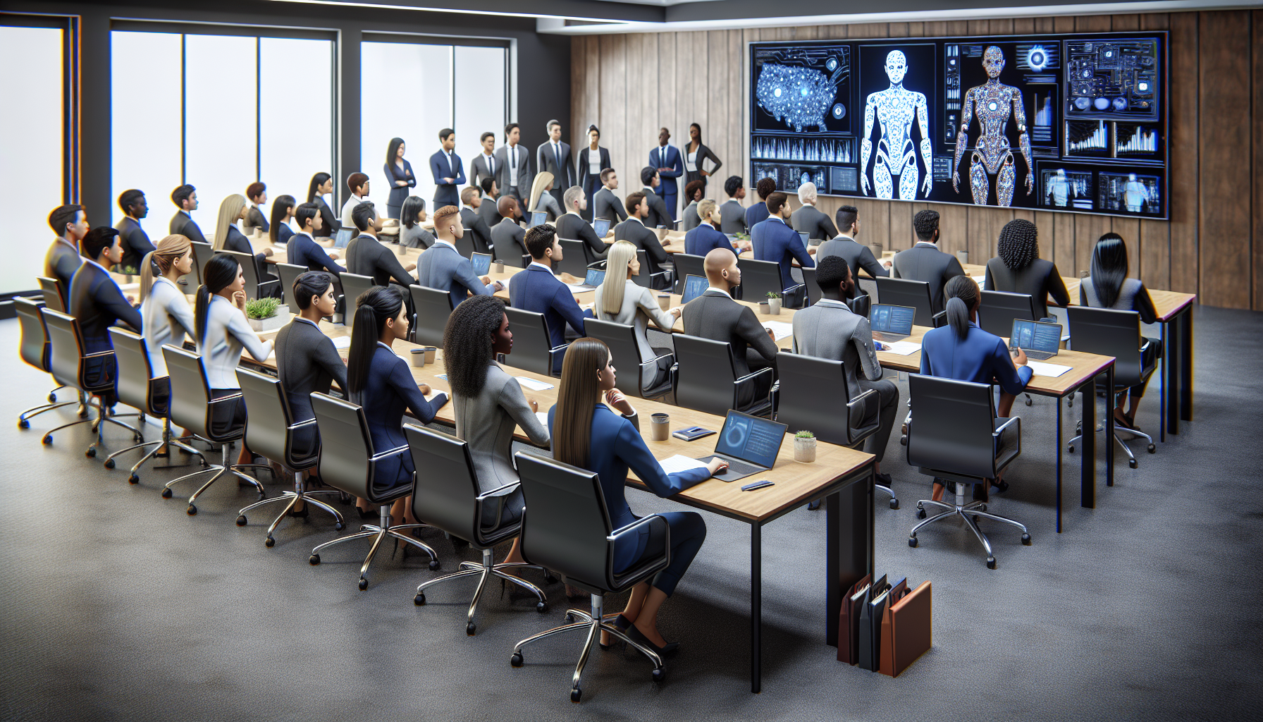 An image depicting employees attending a training session for the new AI receptionist system