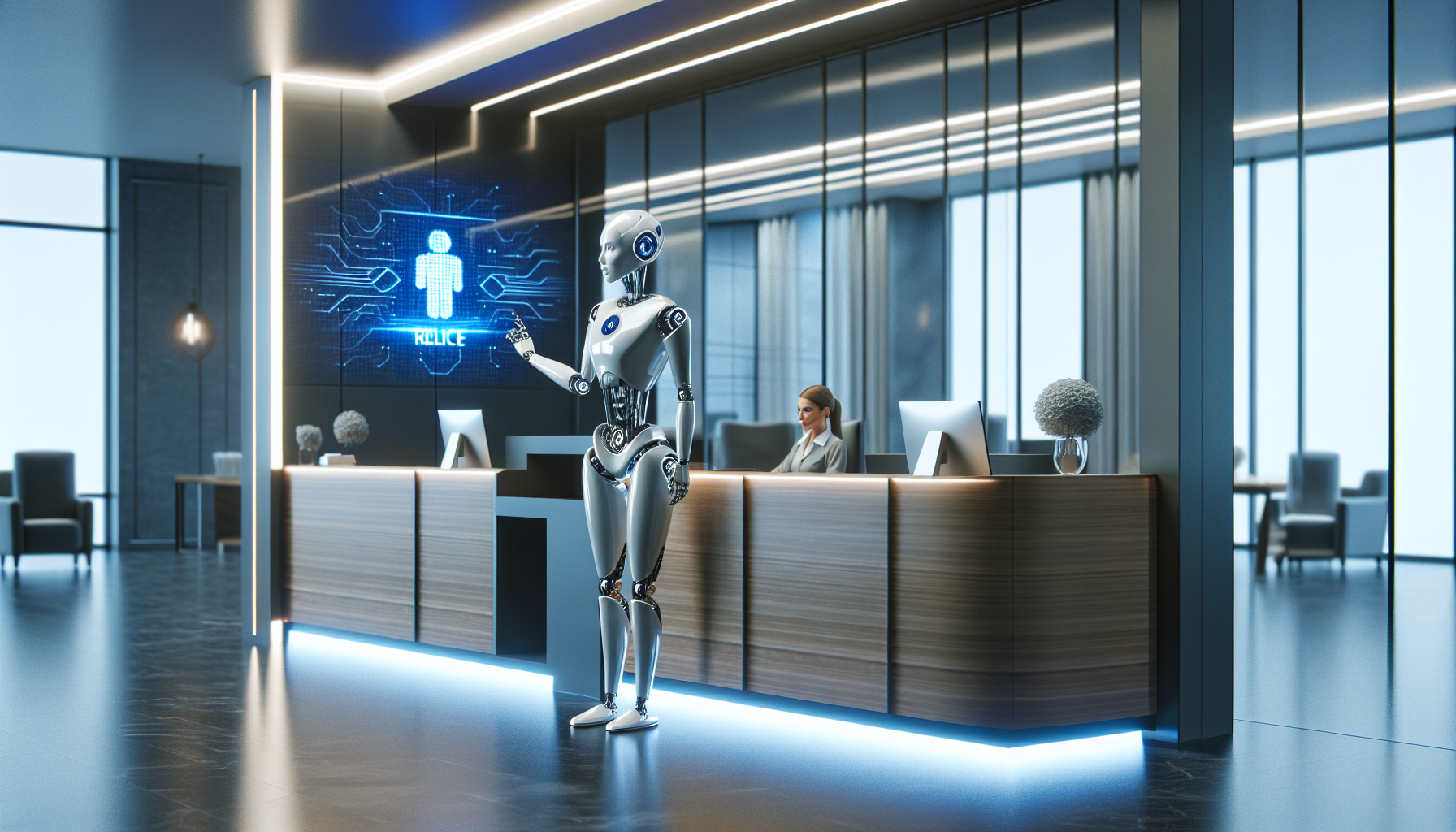 An image showing an AI receptionist in a corporate office