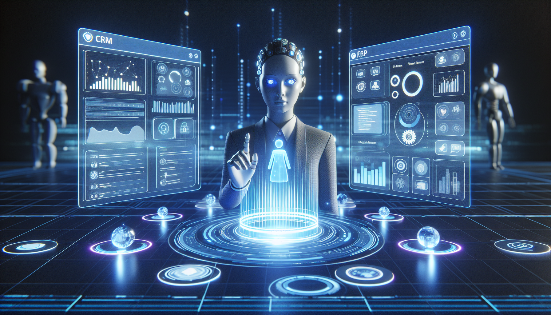 An AI receptionist interacting with a CRM and ERP system on a digital platform