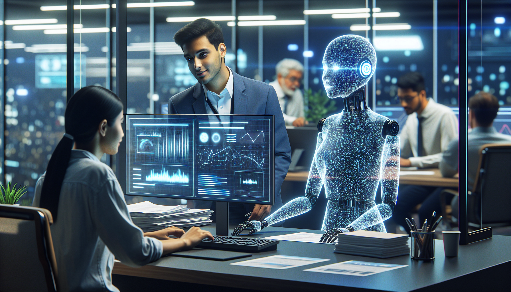 An illustration of AI receptionist helping customers while an employee is busy with other tasks