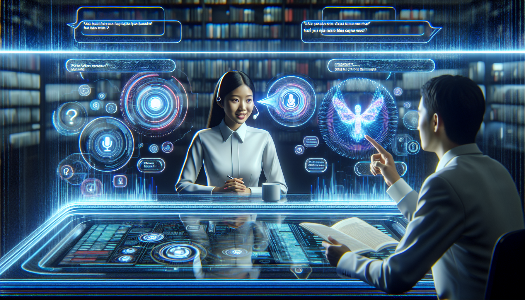 An AI receptionist using voice search technology to process a user query