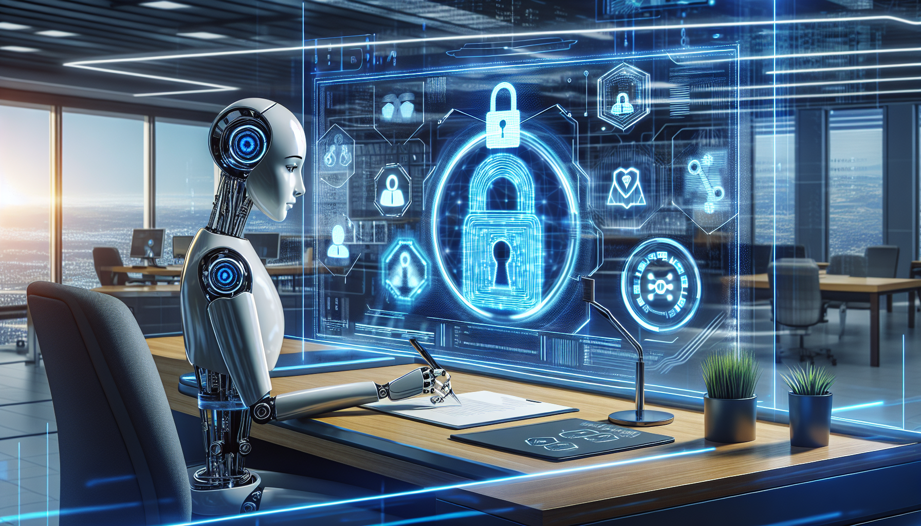 A picture illustrating an AI receptionist in action, with images of secure data or lock icons to represent data security.