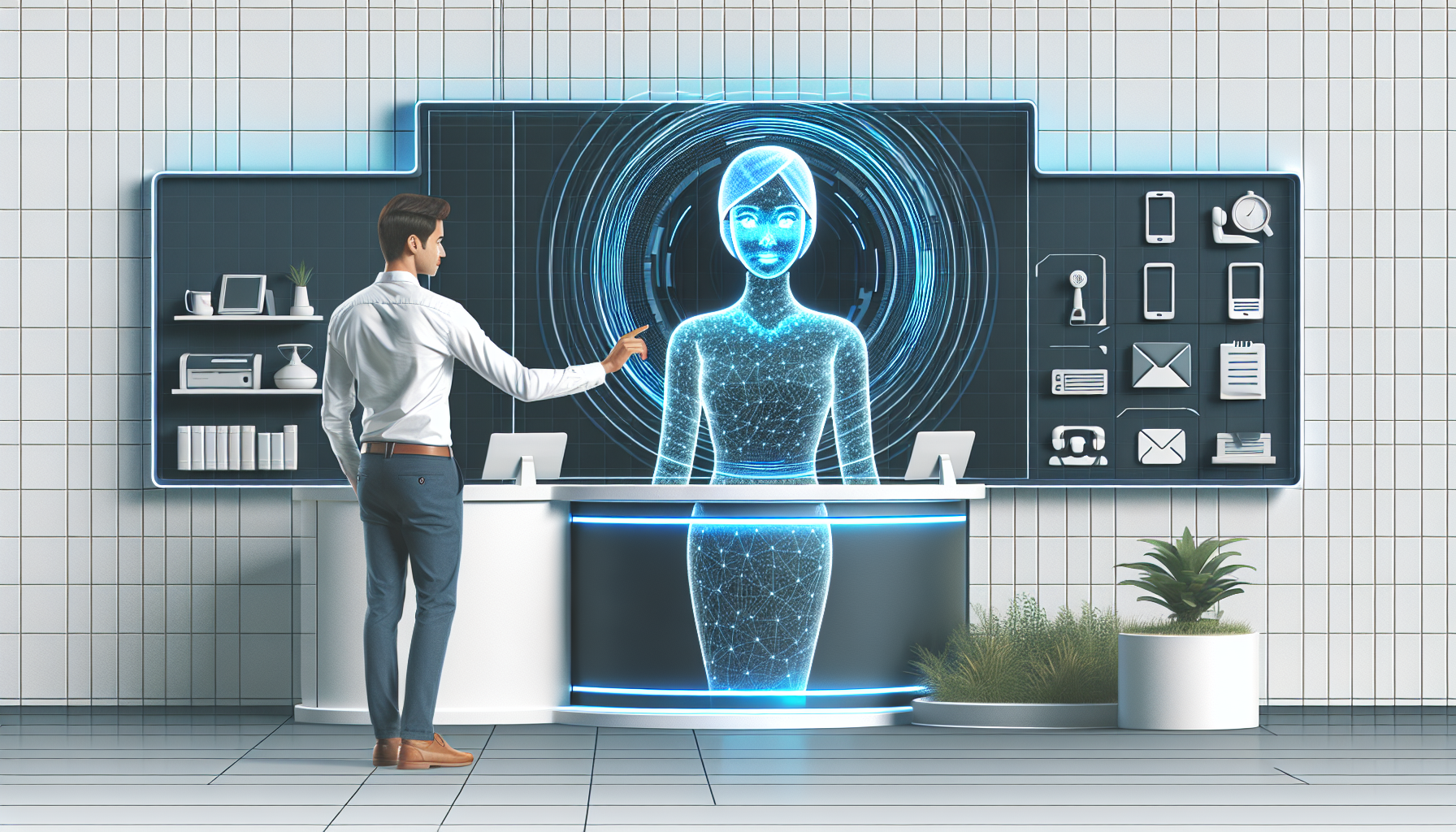 An image showing an AI receptionist interacting with a customer through a digital screen.