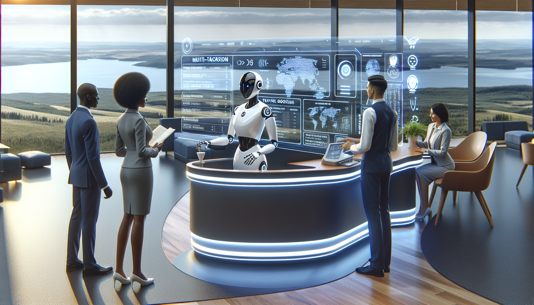 An illustration showing an AI receptionist assisting customers with their travel bookings