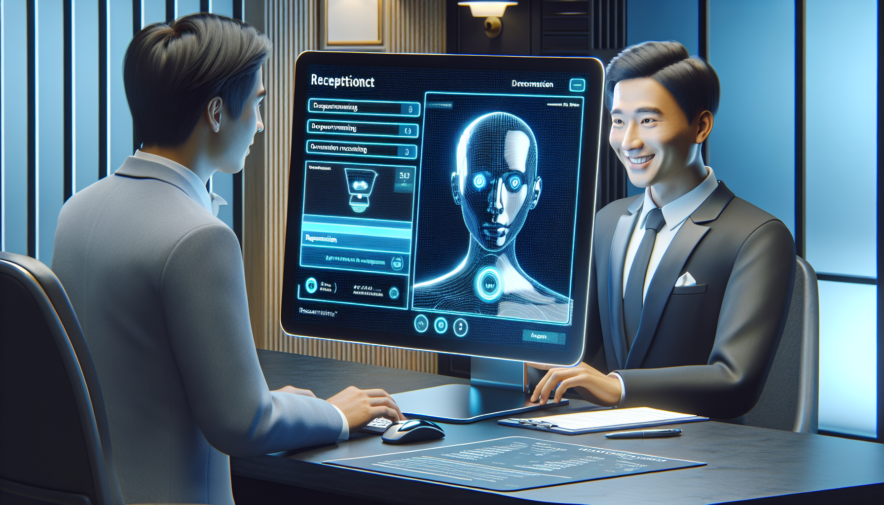 An AI receptionist in action, possibly showing a screen with the virtual assistant helping a customer with their reservations.