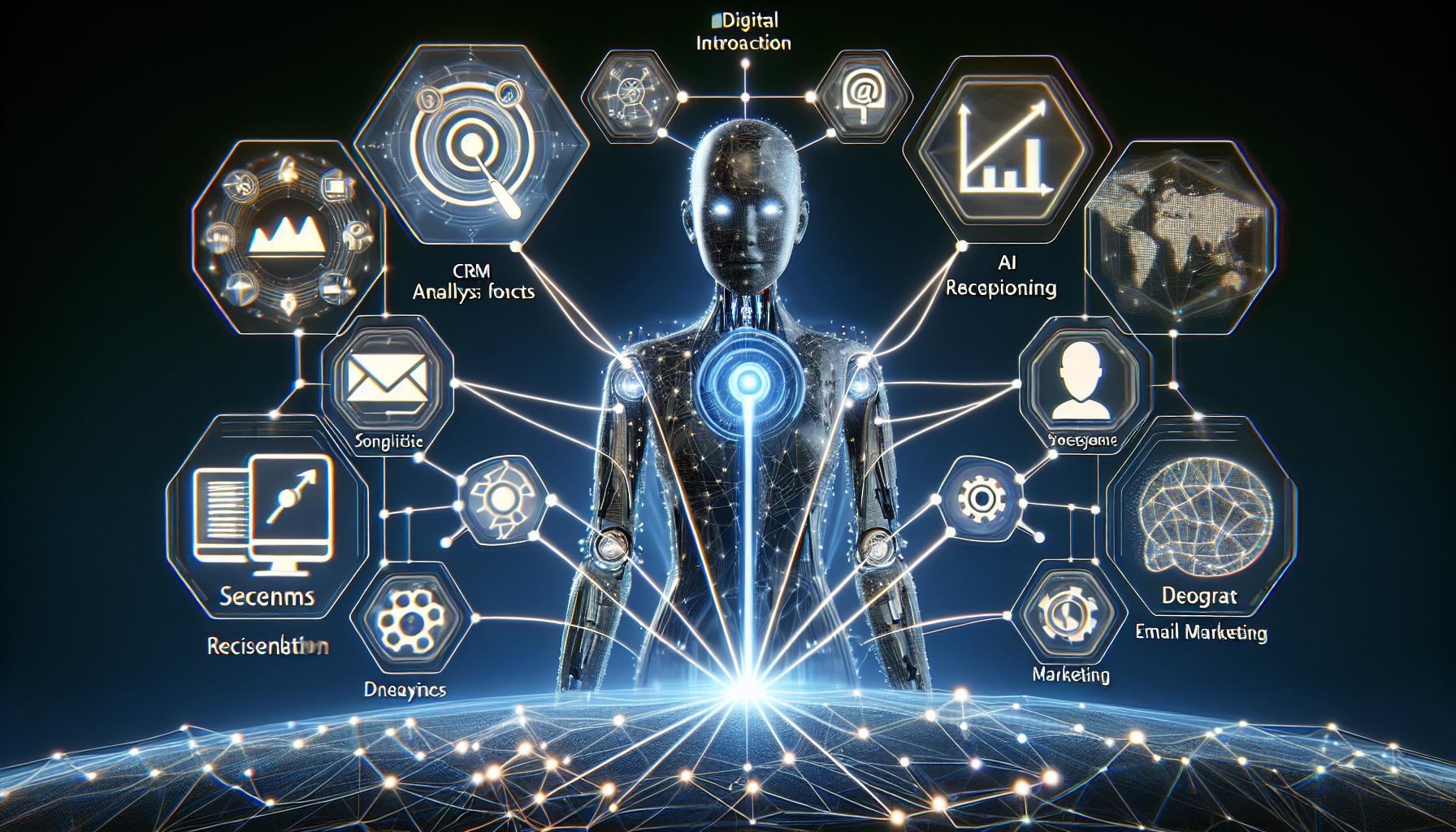 A graphic showing multiple systems (CRM, Analytics, Email marketing) intertwined and connected with an AI receptionist at the center