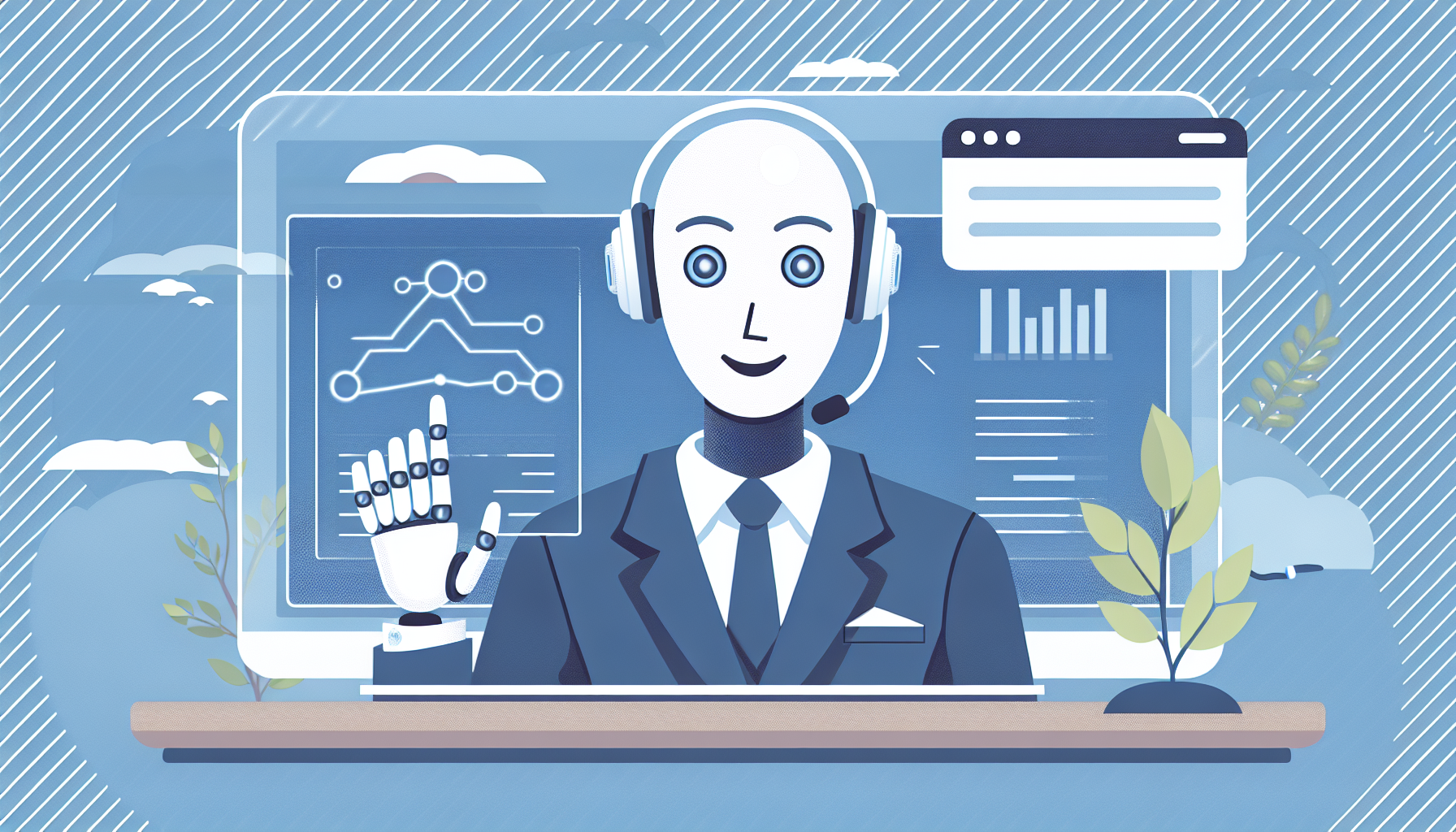 A AI receptionist represented with a friendly robo face, with a headset, welcoming the customer.