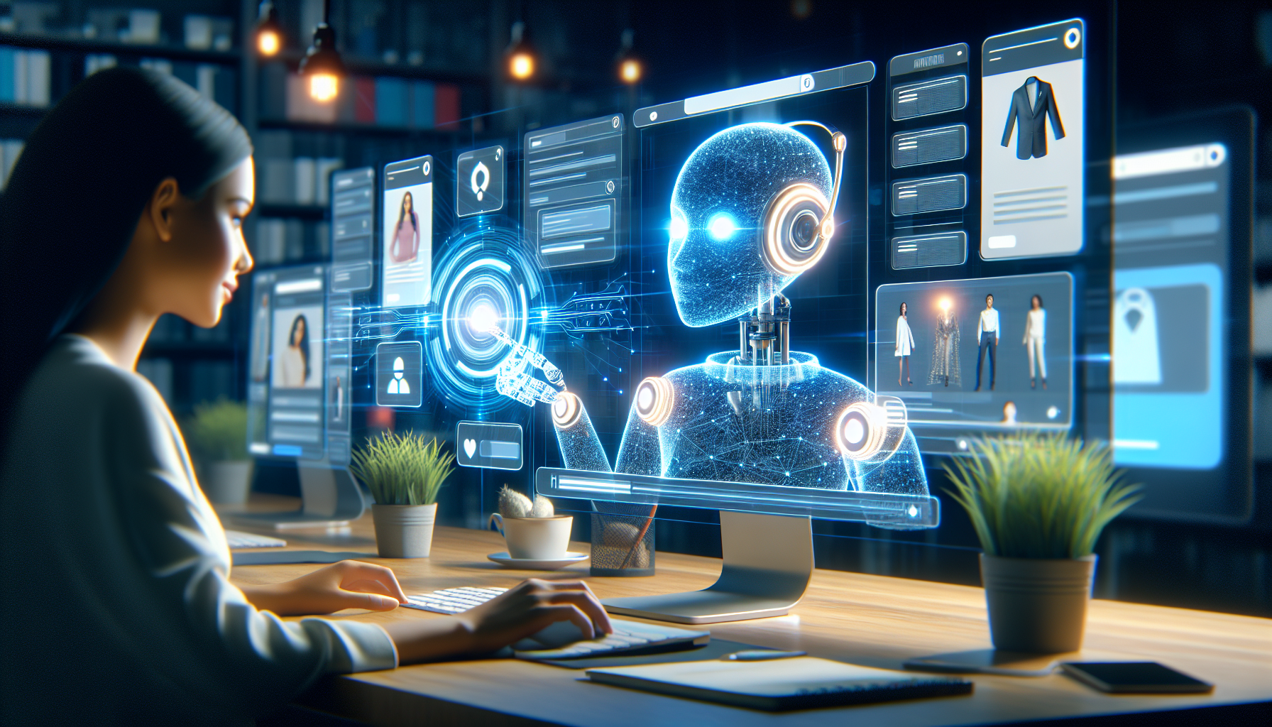 An image representing a digital AI Receptionist assisting a customer on an e-commerce site