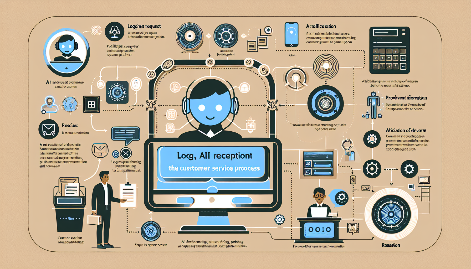 An infographic depicting the interaction between an AI receptionist and a customer in the customer service process