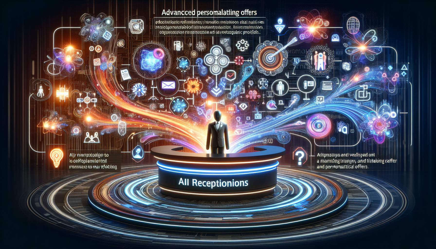 An illustration showing an AI receptionist interfacing with various forms of data to create personalized marketing offers.