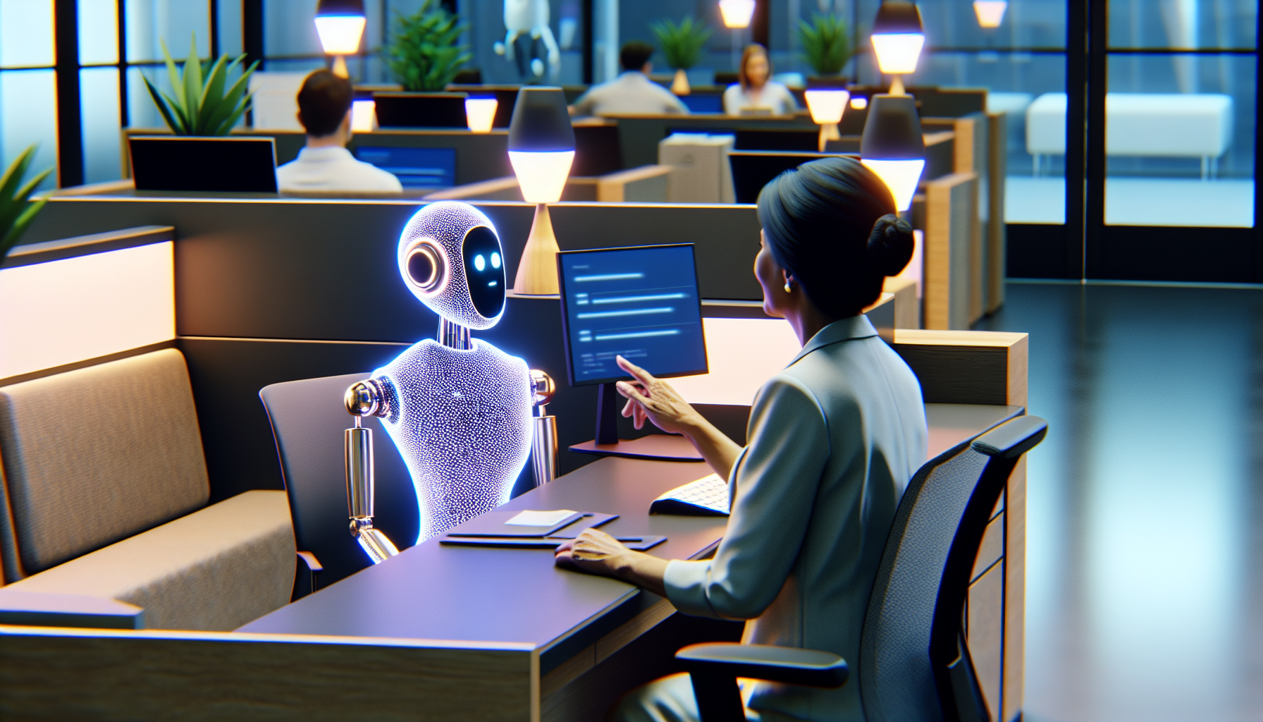 An office setting where an AI receptionist is interacting with a client