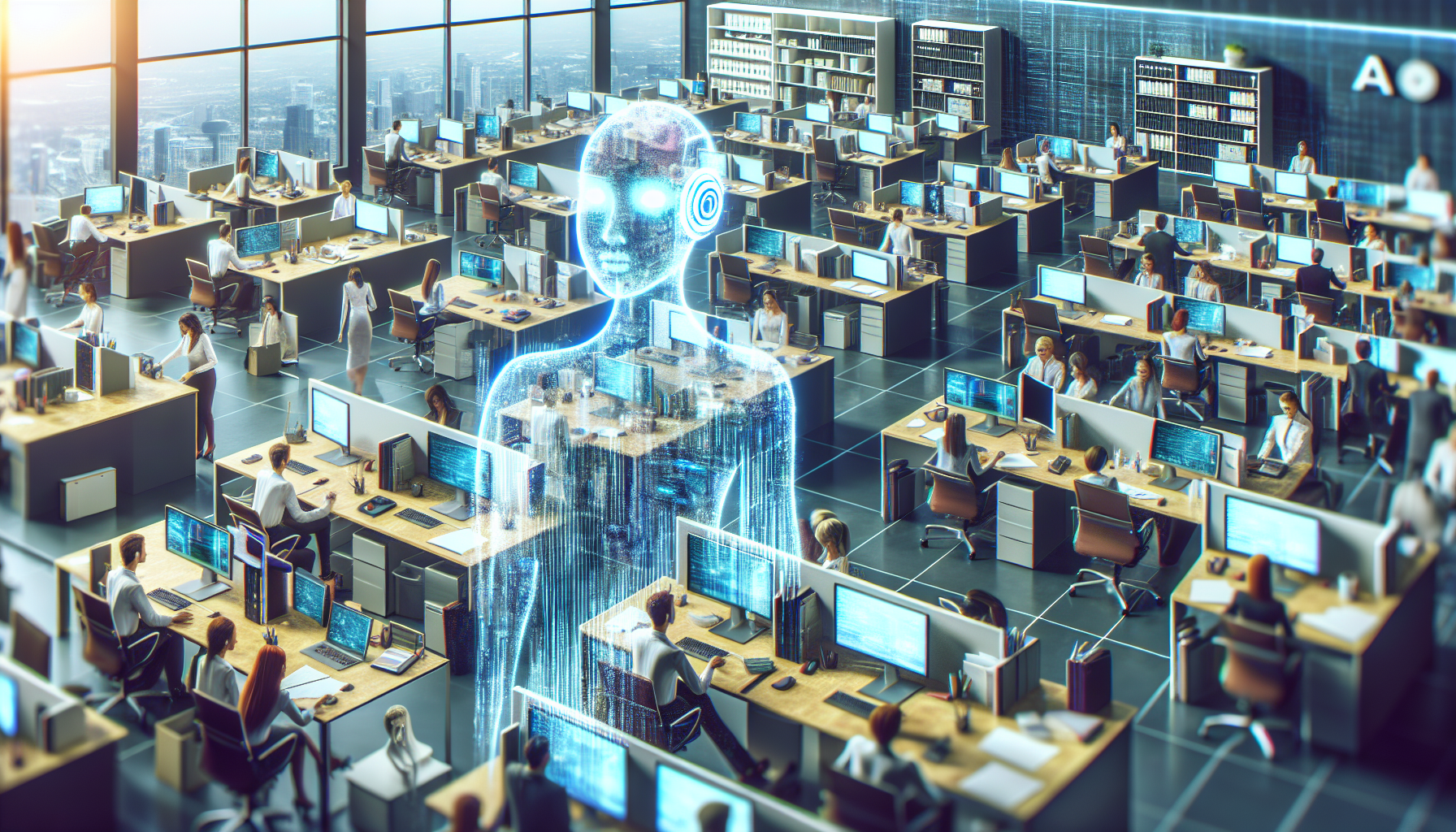An image depicting an AI Receptionist, ideally a virtual assistant on a computer display, handling multiple calls.
