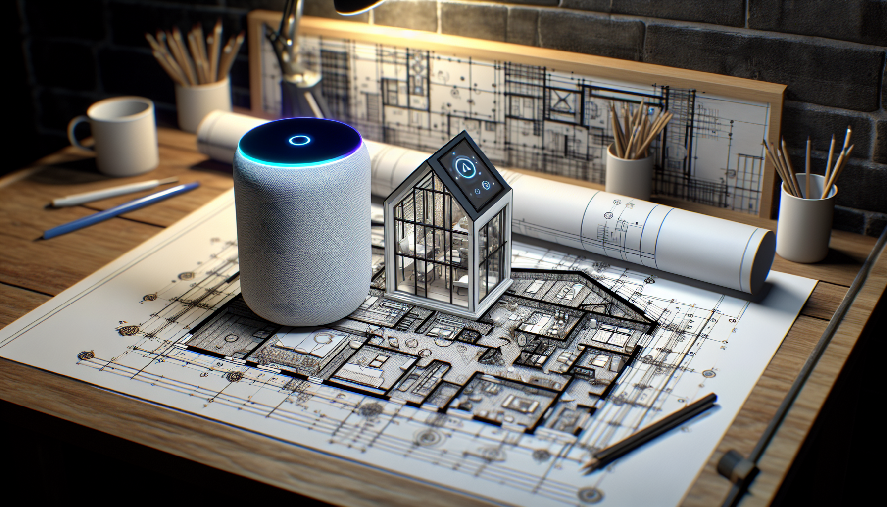 Image of an AI-powered personal assistant device next to a modern home blueprint