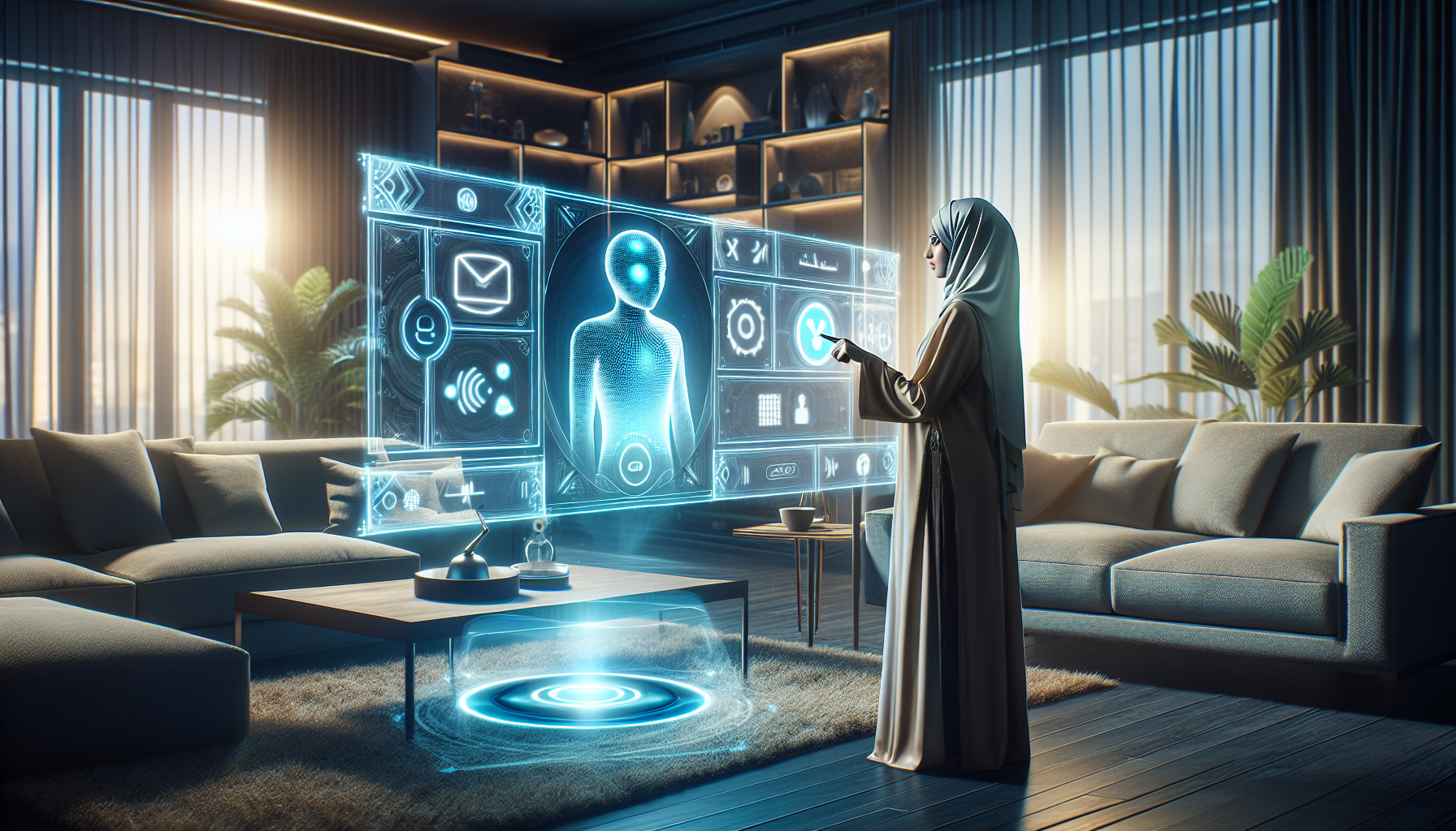 A futuristic image showcasing a virtual assistant interacting with a user at home.