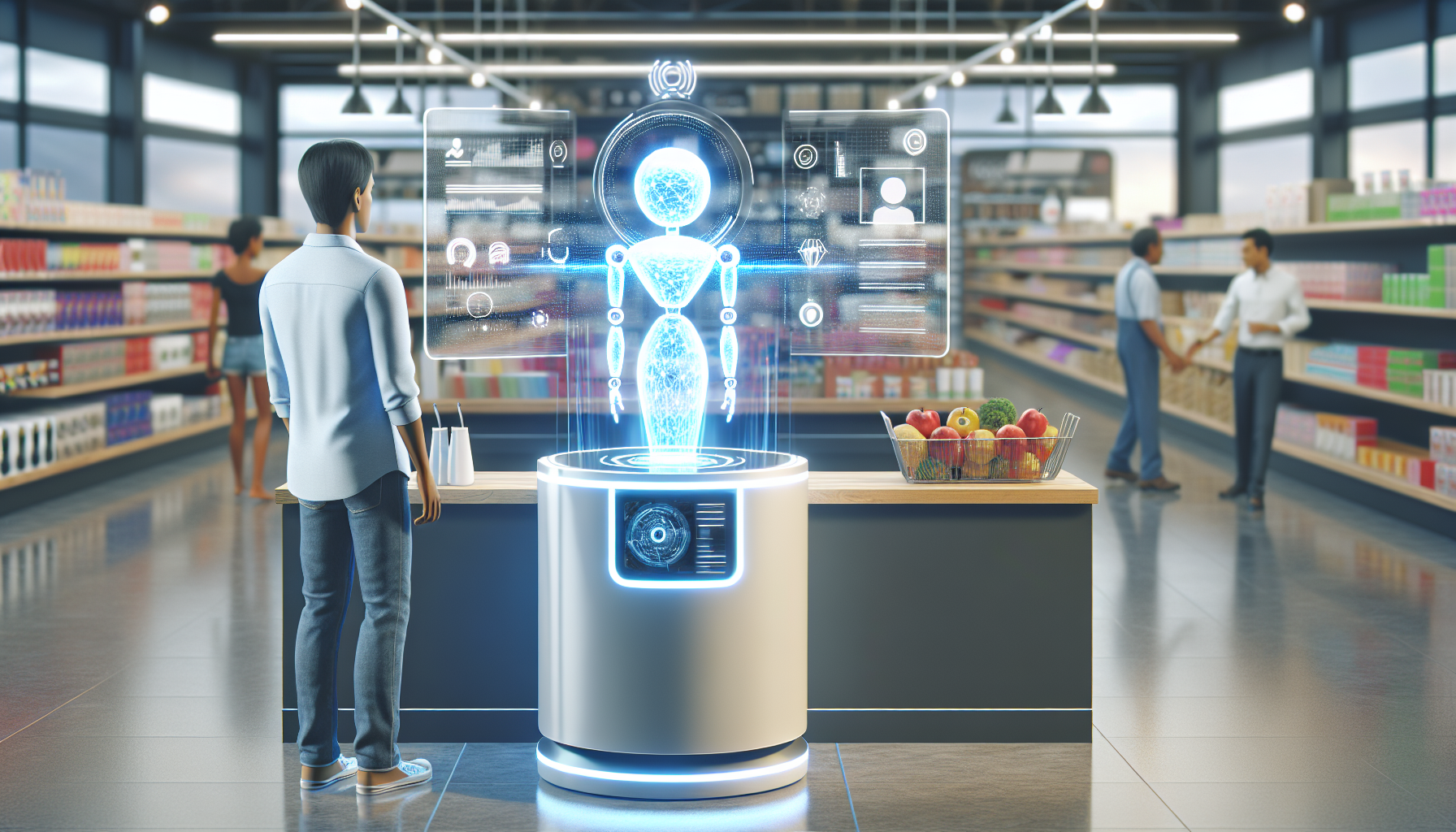 An AI receptionist assisting a customer in a retail store