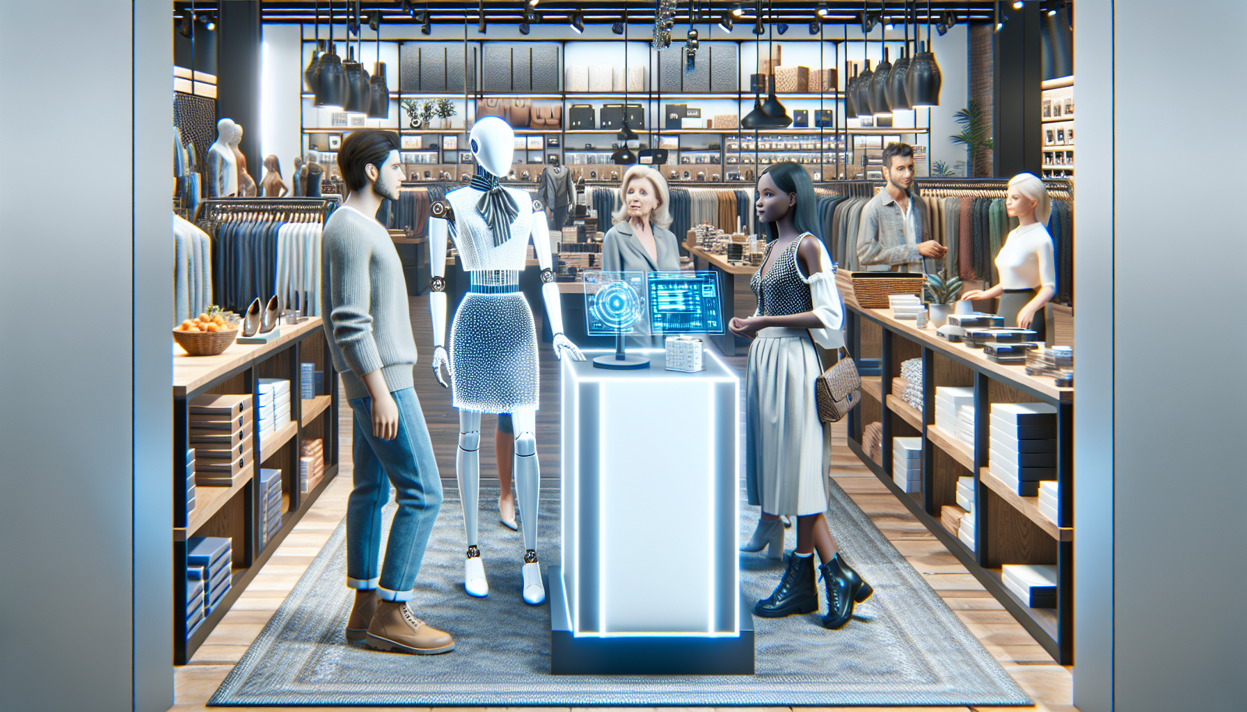 A retail store with an AI receptionist helping customers.