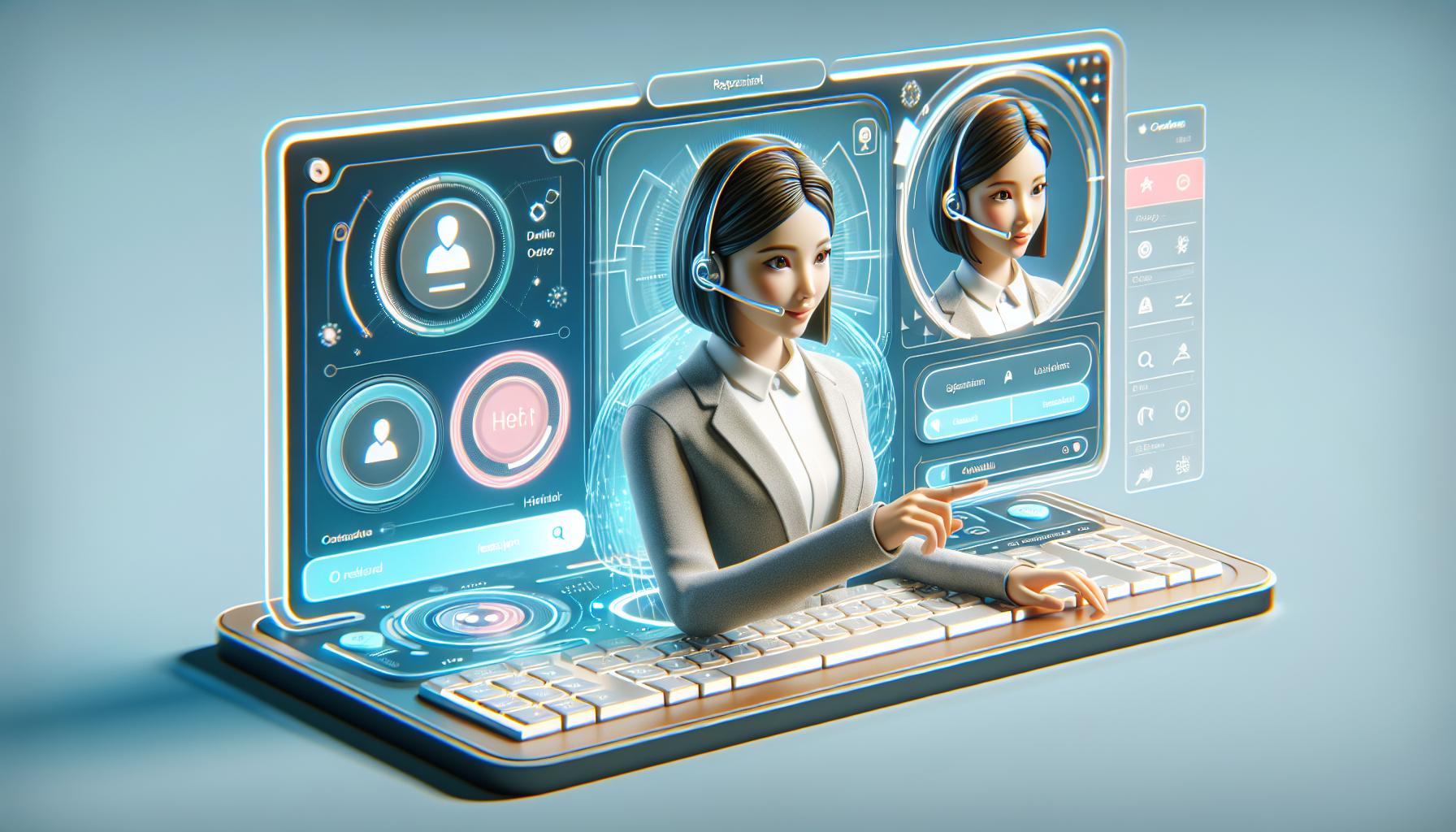 An image of a 3D modeled AI receptionist assisting a customer online, ideally demonstrating a simple, user-friendly interface