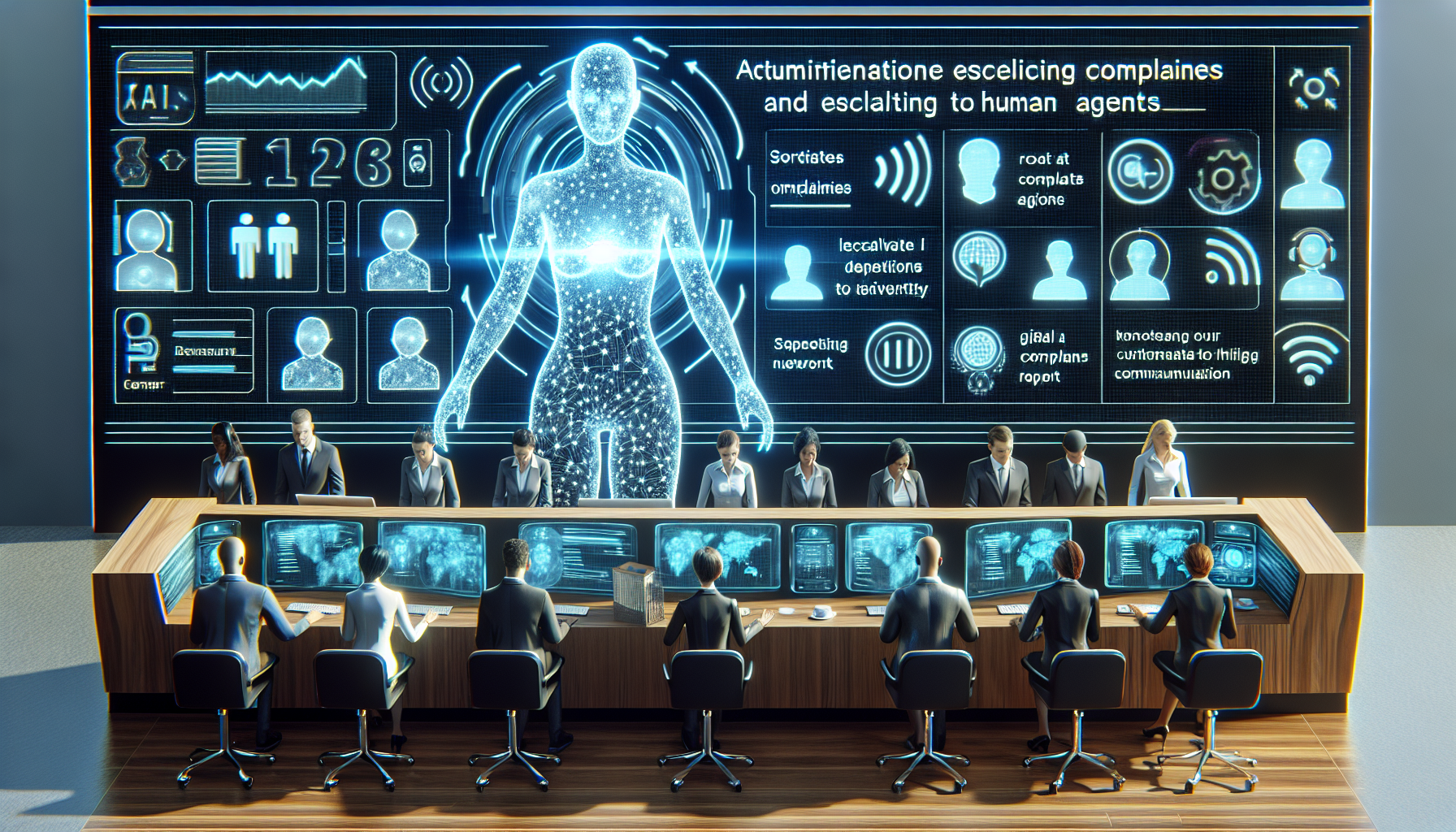 A graphic showcasing an AI receptionist triaging and escalating complaints to human agents