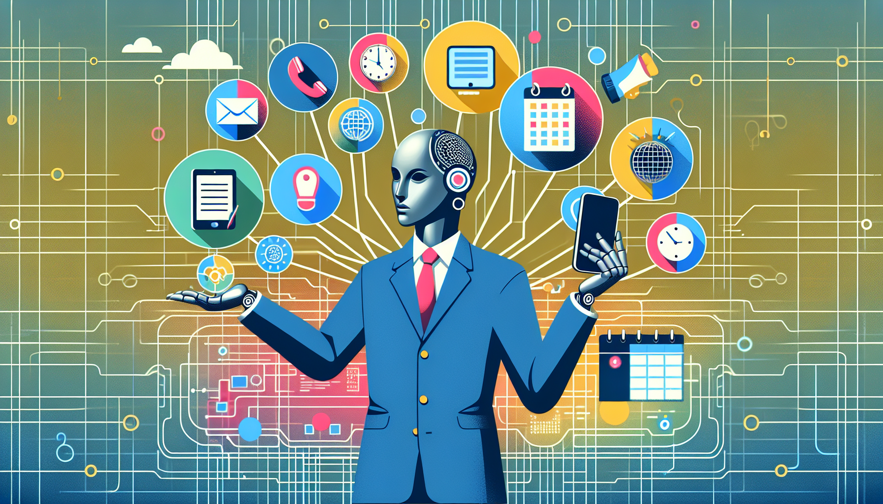 A graphic representation of an AI receptionist managing different tasks simultaneously