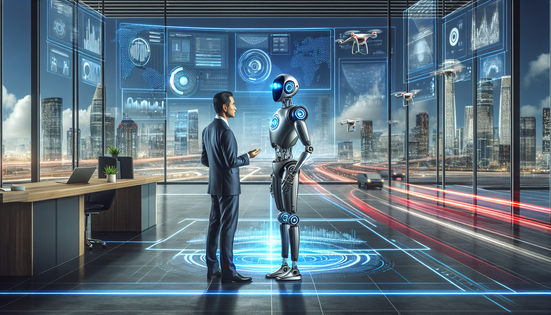 An AI receptionist interacting with a client, illustrating a futuristic business environment