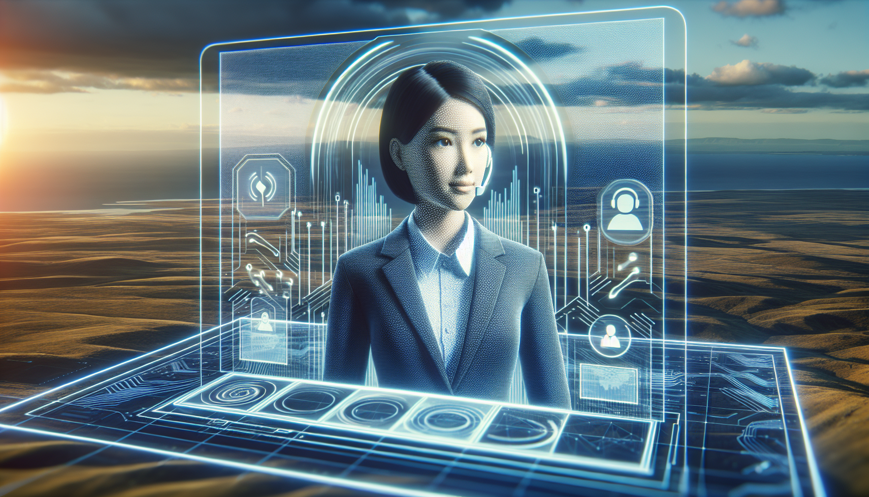 An AI receptionist avatar on a digital screen, answering calls with a friendly expression