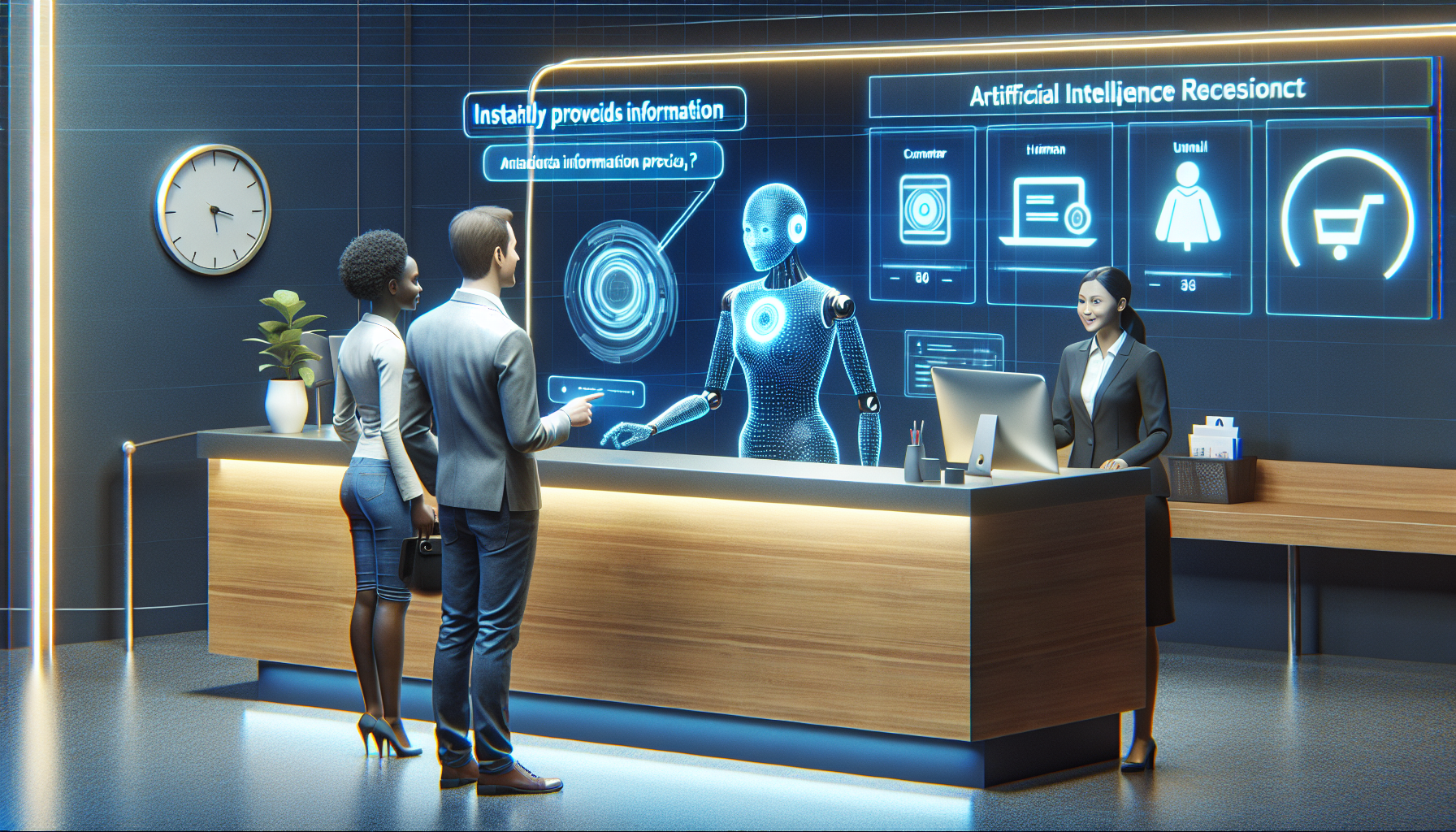 An image showing an AI receptionist in a service industry setting, interacting with a customer and instantly providing information based on an analysis of the customer's data.