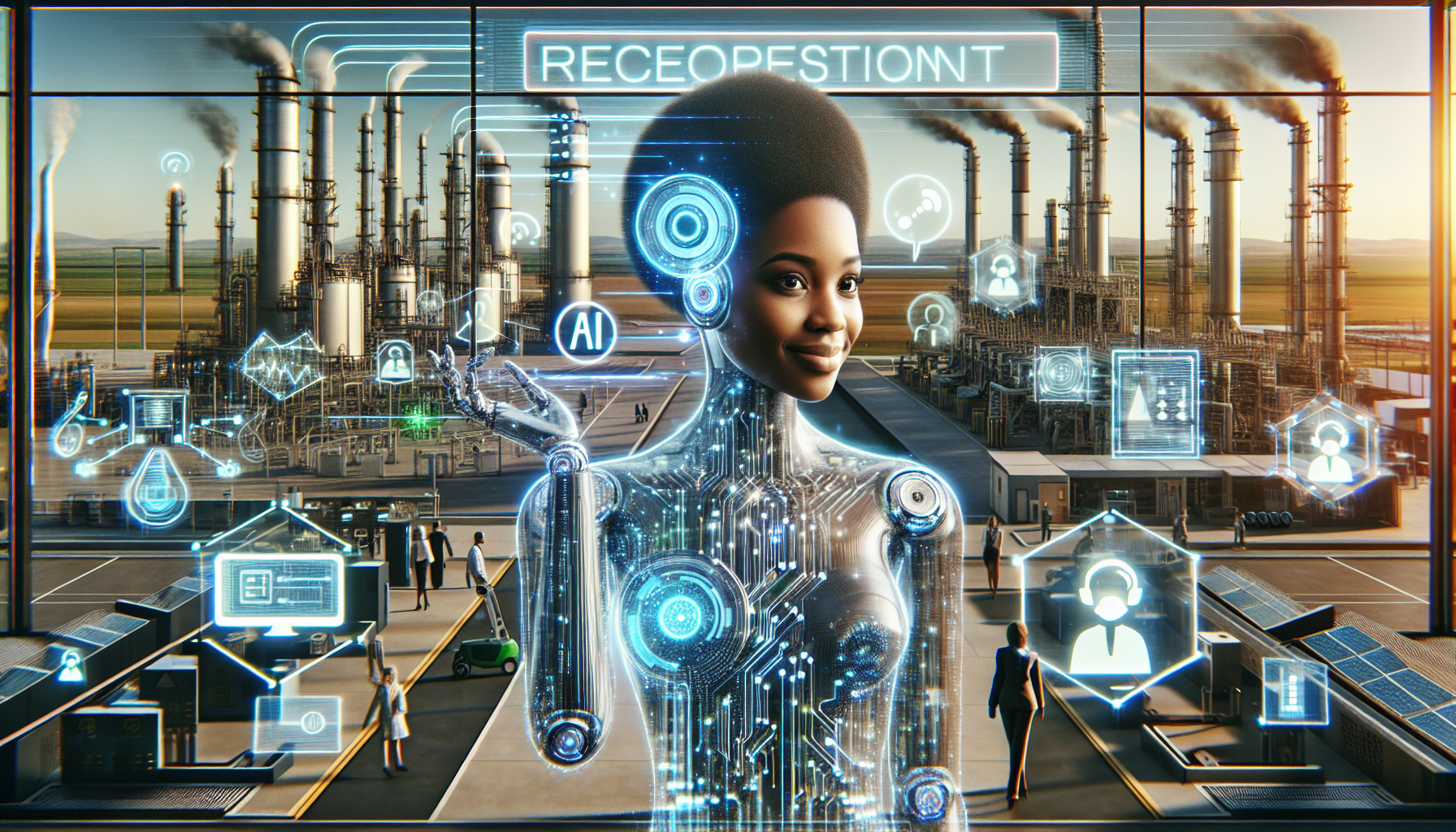 A forward-looking illustration of AI receptionist in the energy sector, surrounded by futuristic technology symbols