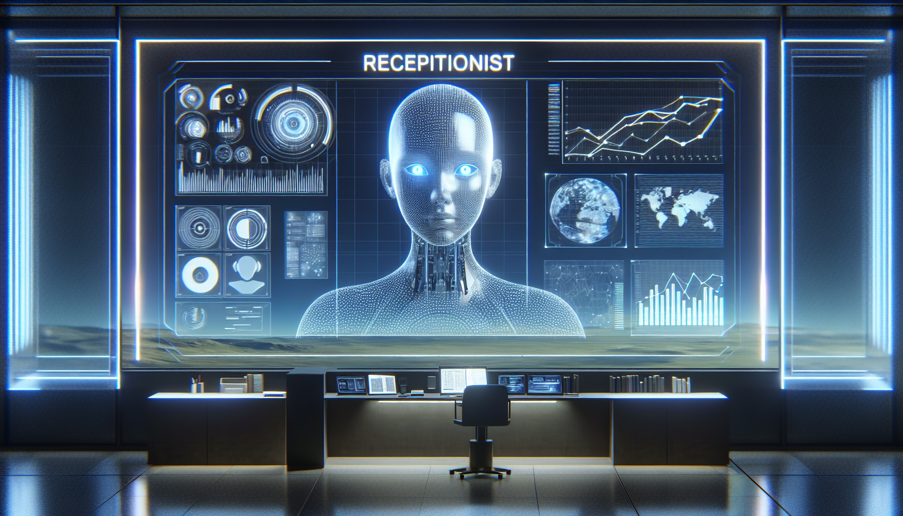 An AI receptionist on a computer screen with various data points