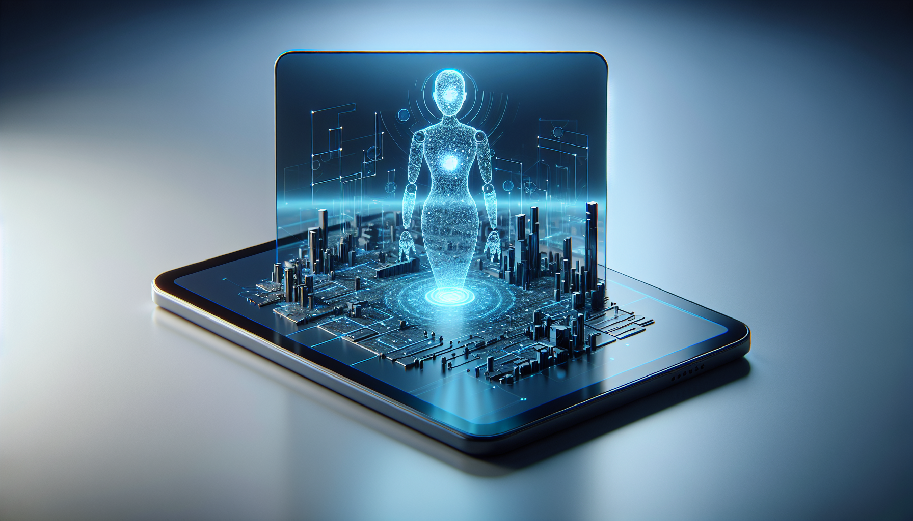 A sleek, 3D render of an AI assistant, perhaps represented as a hologram over a modern, touchscreen device