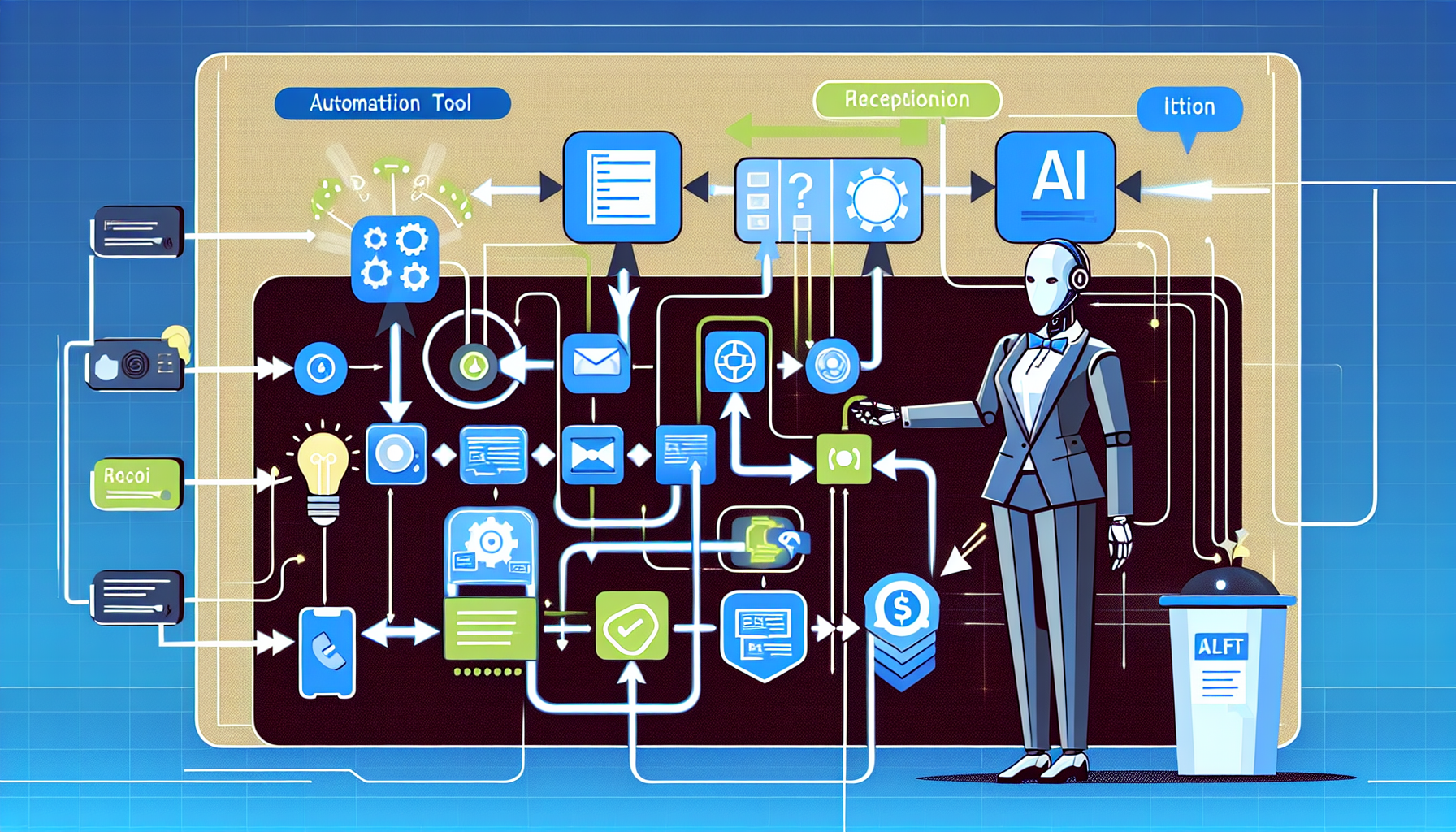 An infographic illustrating how Zapier bridges connectivity between different applications and an AI receptionist