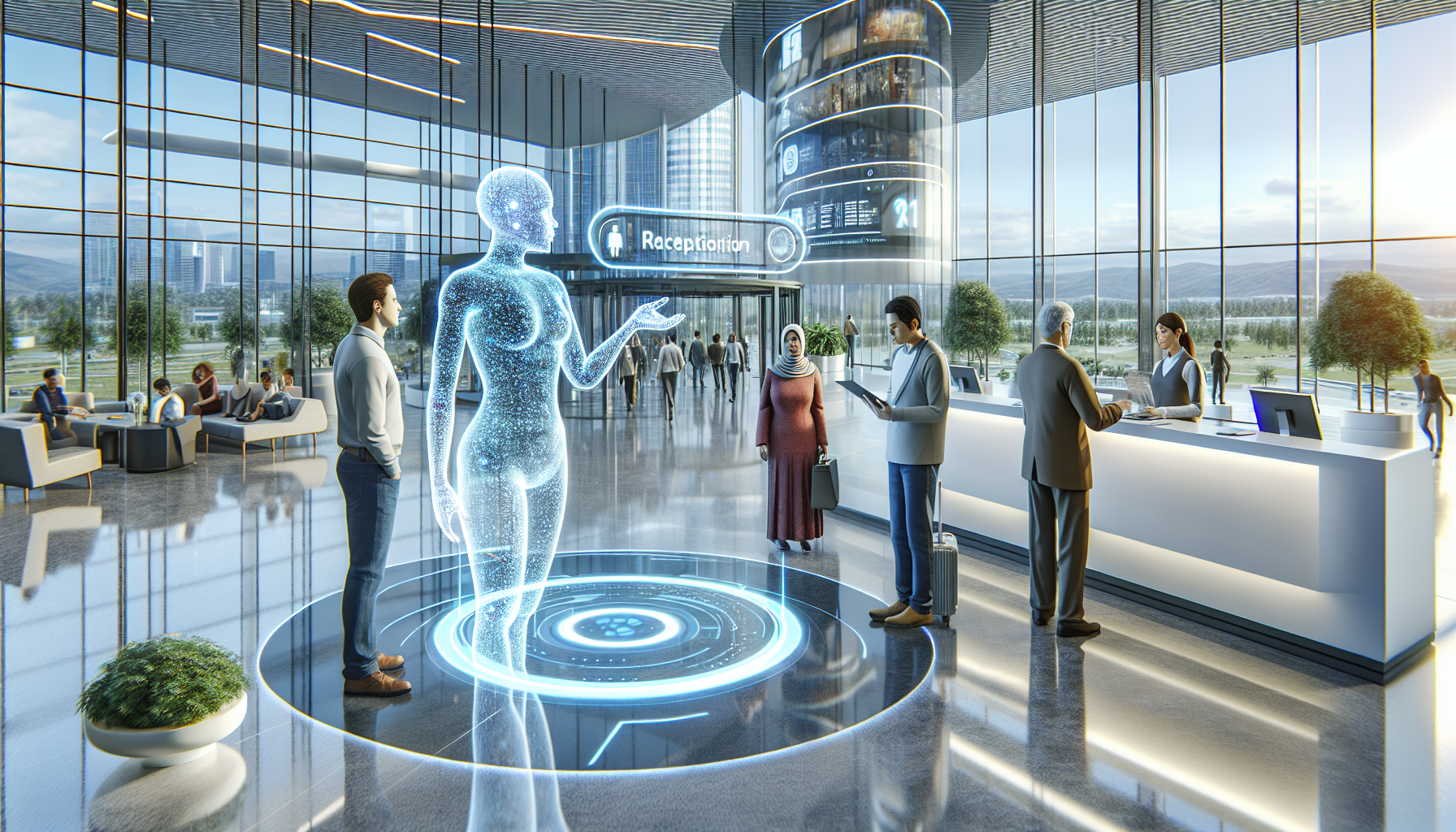 An image showcasing a digital AI receptionist interacting with consumers