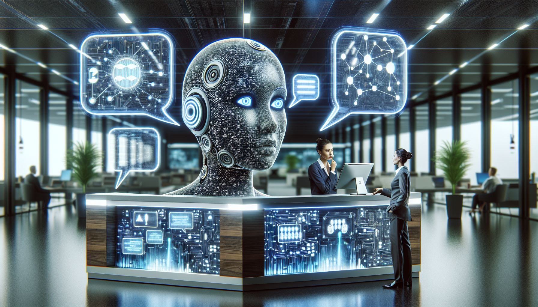 A depiction of an AI receptionist trying to understand complex human conversation.