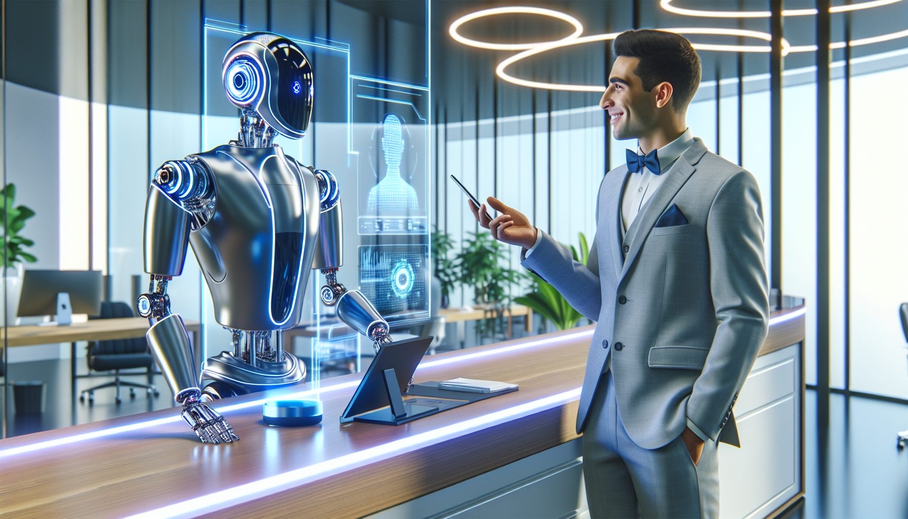 An AI receptionist interacting with a client over the phone or in an office setting