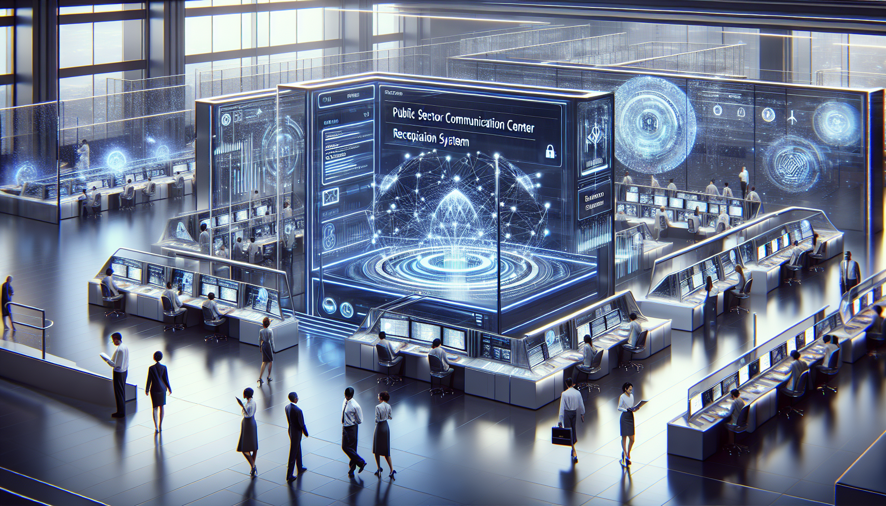 A depiction of an AI receptionist system being used in a public sector communication center.