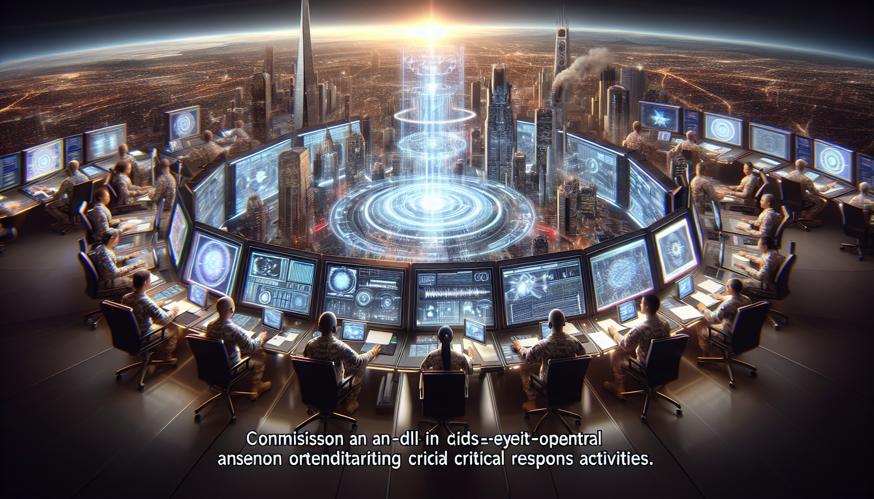 A bird's-eye view of an AI-powered command center coordinating crisis management efforts