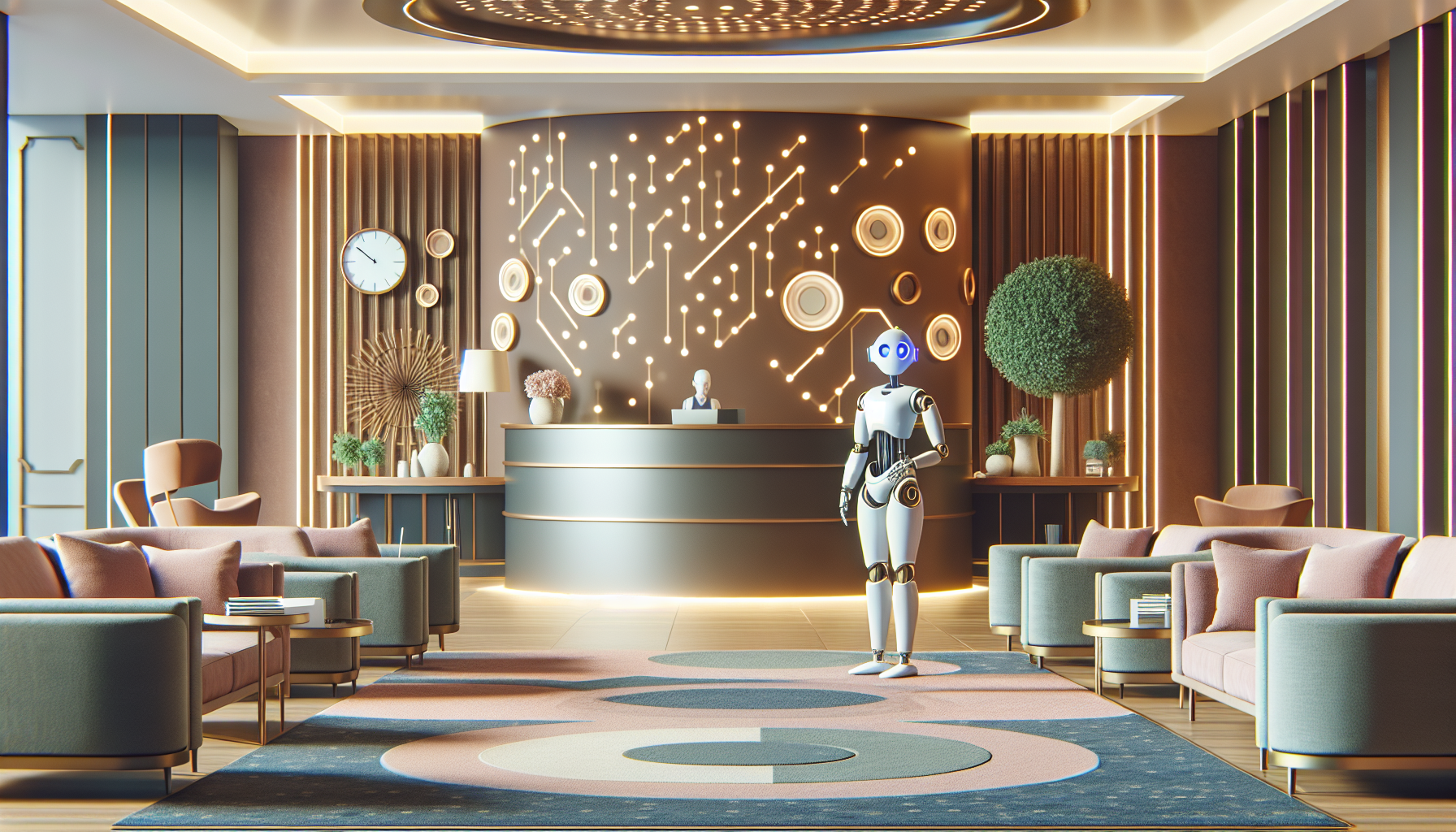 A hotel lobby with an AI receptionist at the front desk