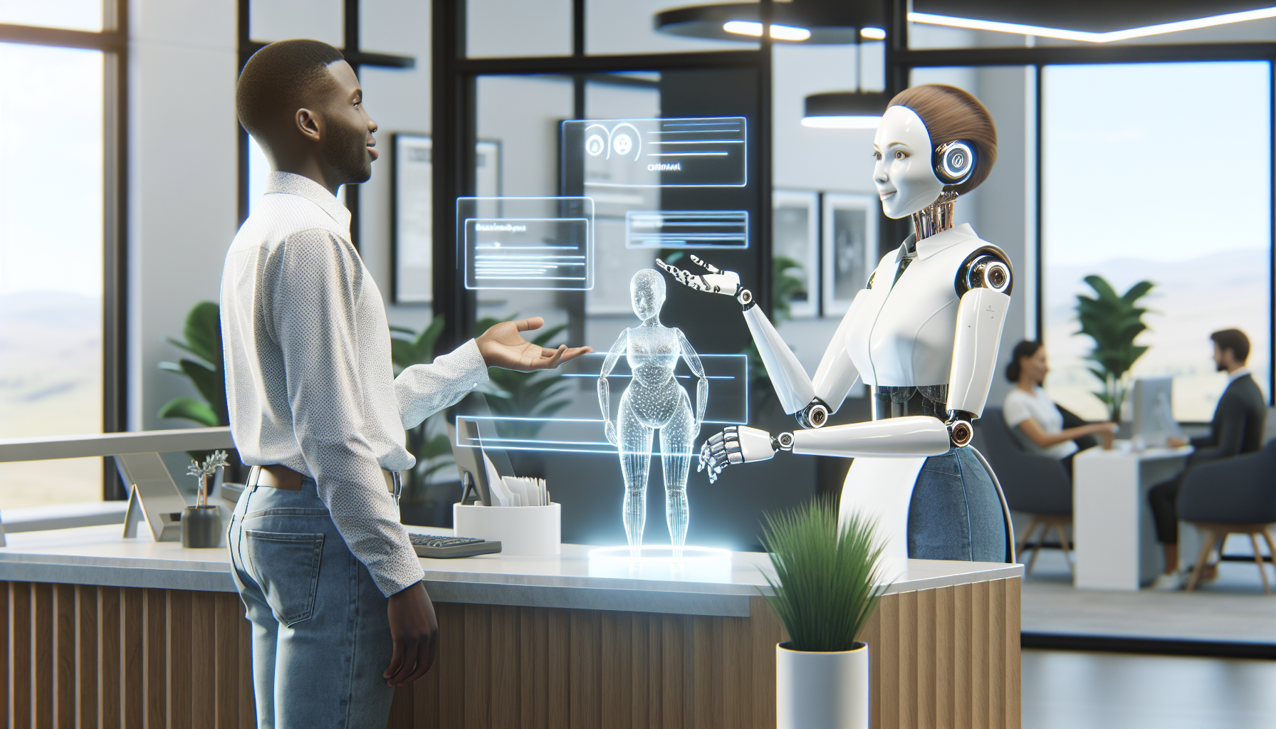 Image of AI receptionist interacting with customers in an office setting