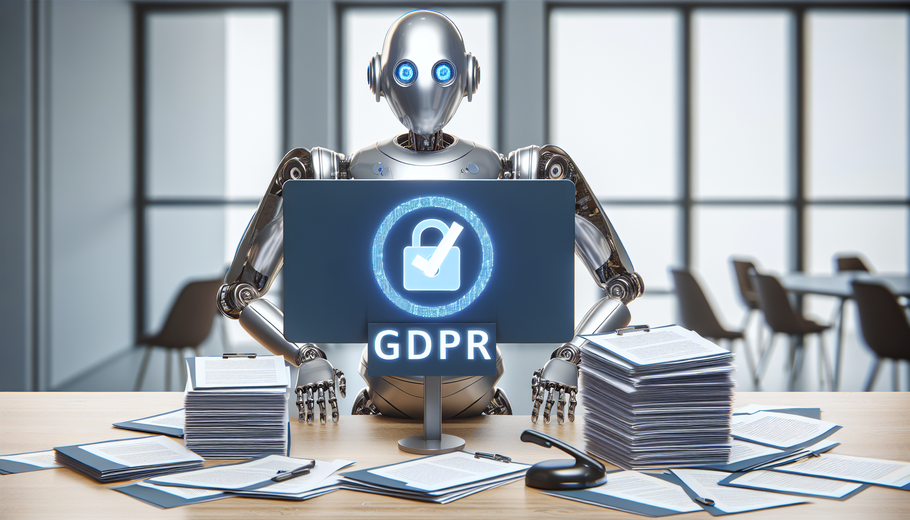 A conceptual photo depicting a robot receptionist at a desk, with scattered papers around it having the GDPR logo