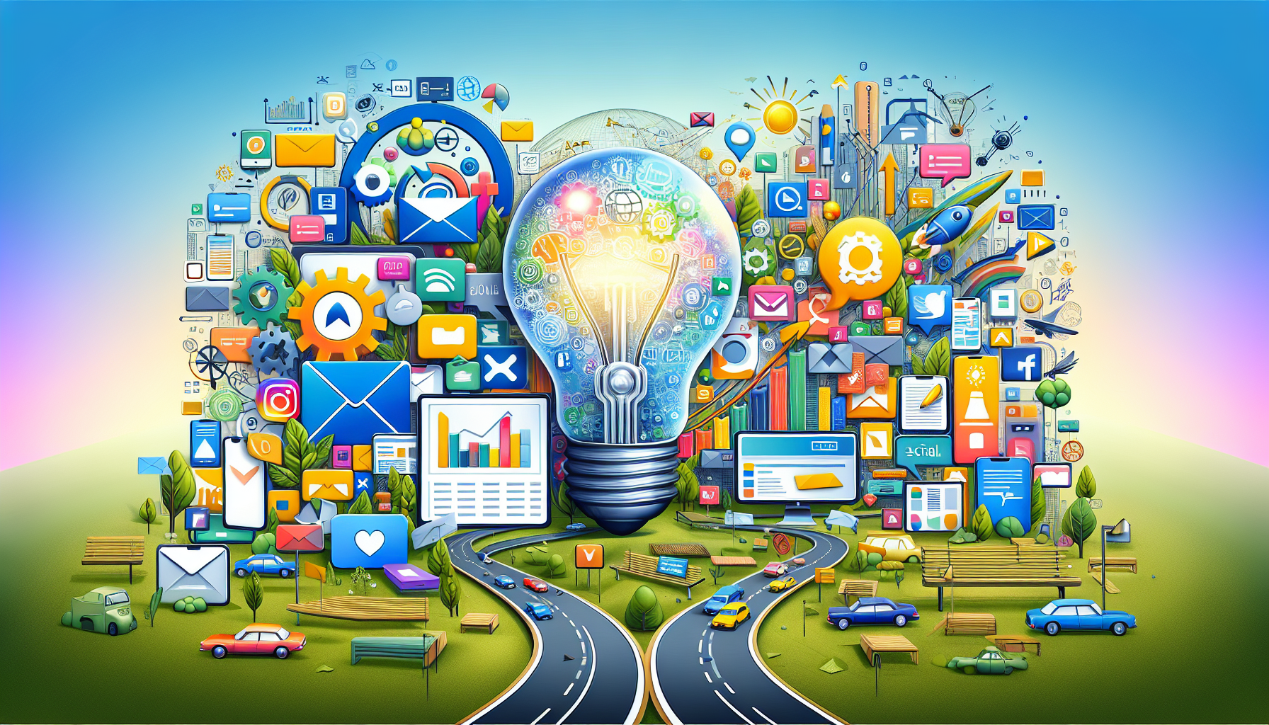 A graphic illustrating different marketing tools like email marketing, social media ads, and content marketing