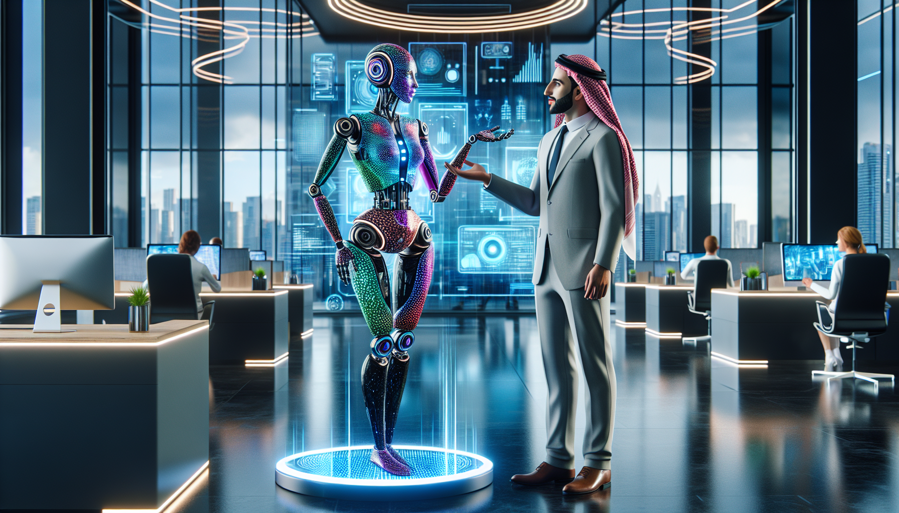 An AI receptionist interacting with a human, showcasing advanced features that give it a human-like appearance