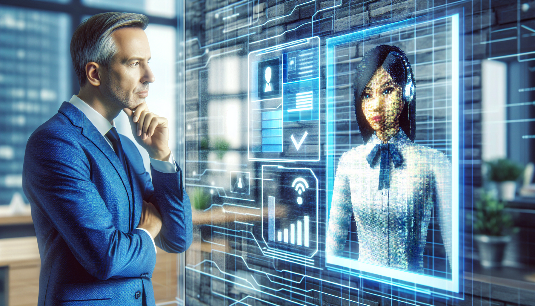 A business owner skeptically evaluating a virtual AI receptionist
