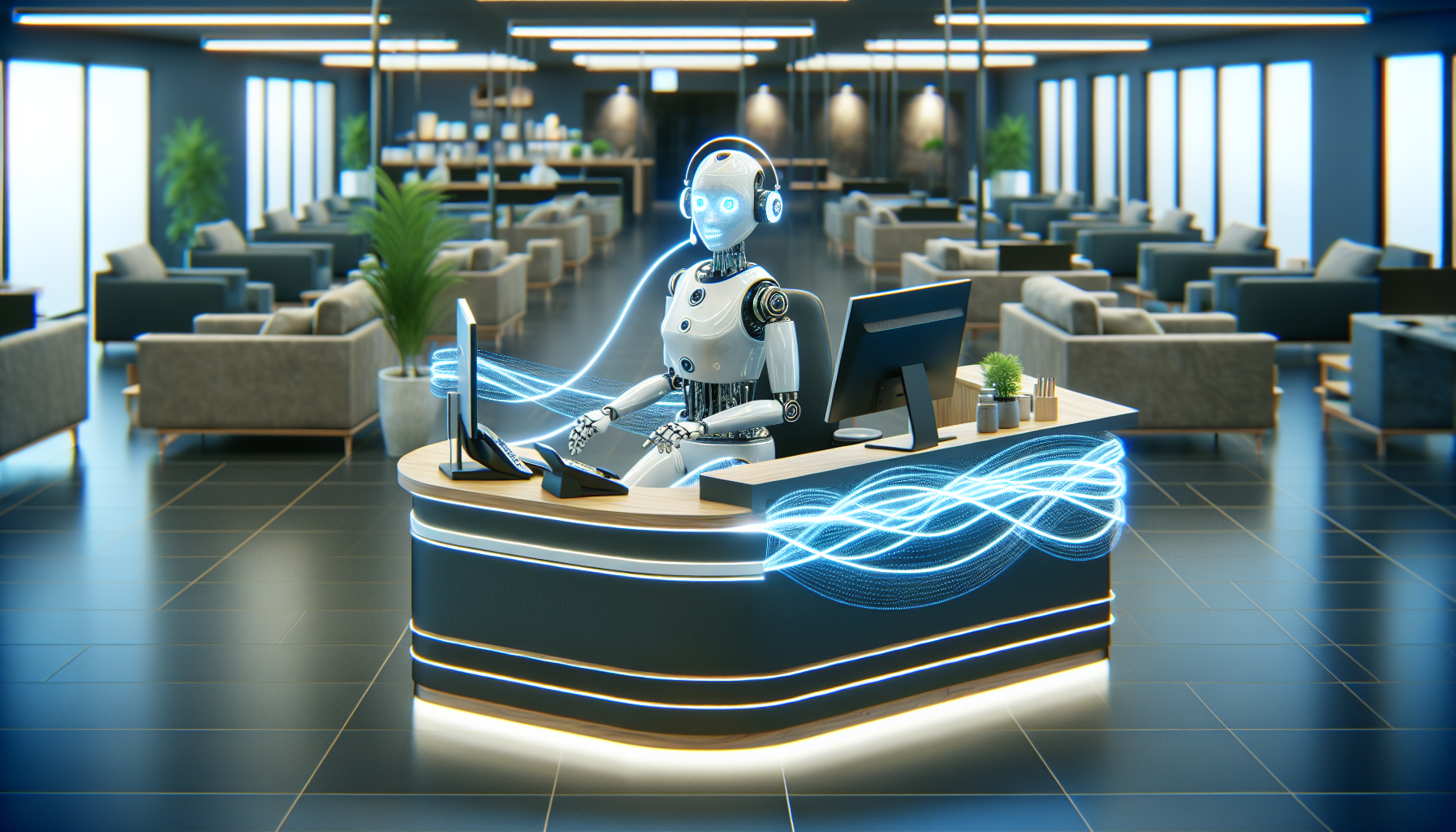 An image of an AI receptionist representation (robot) answering phone calls