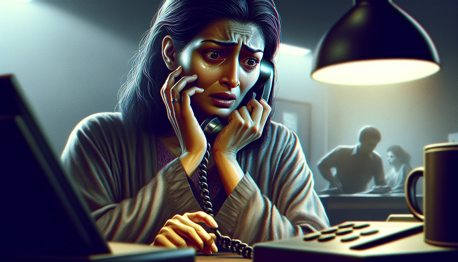A person visibly stressed while answering a phone call, illustrating phone call anxiety.