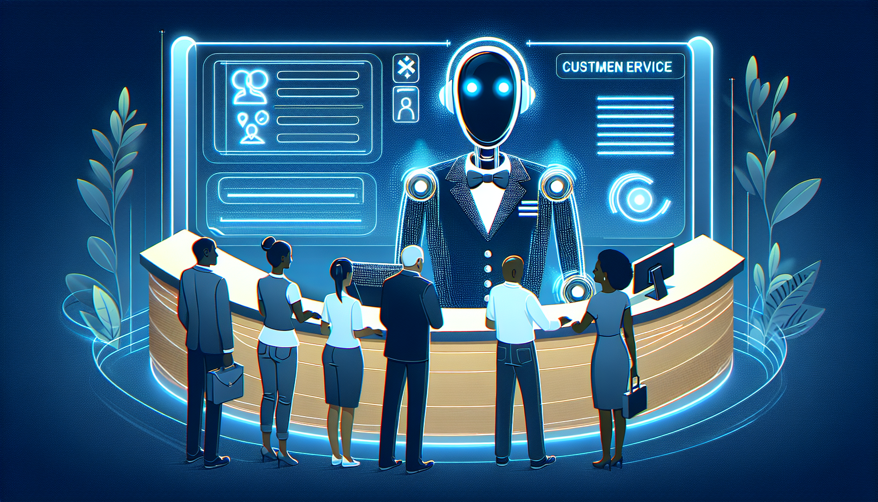 A digital illustration depicting an AI receptionist providing customer service