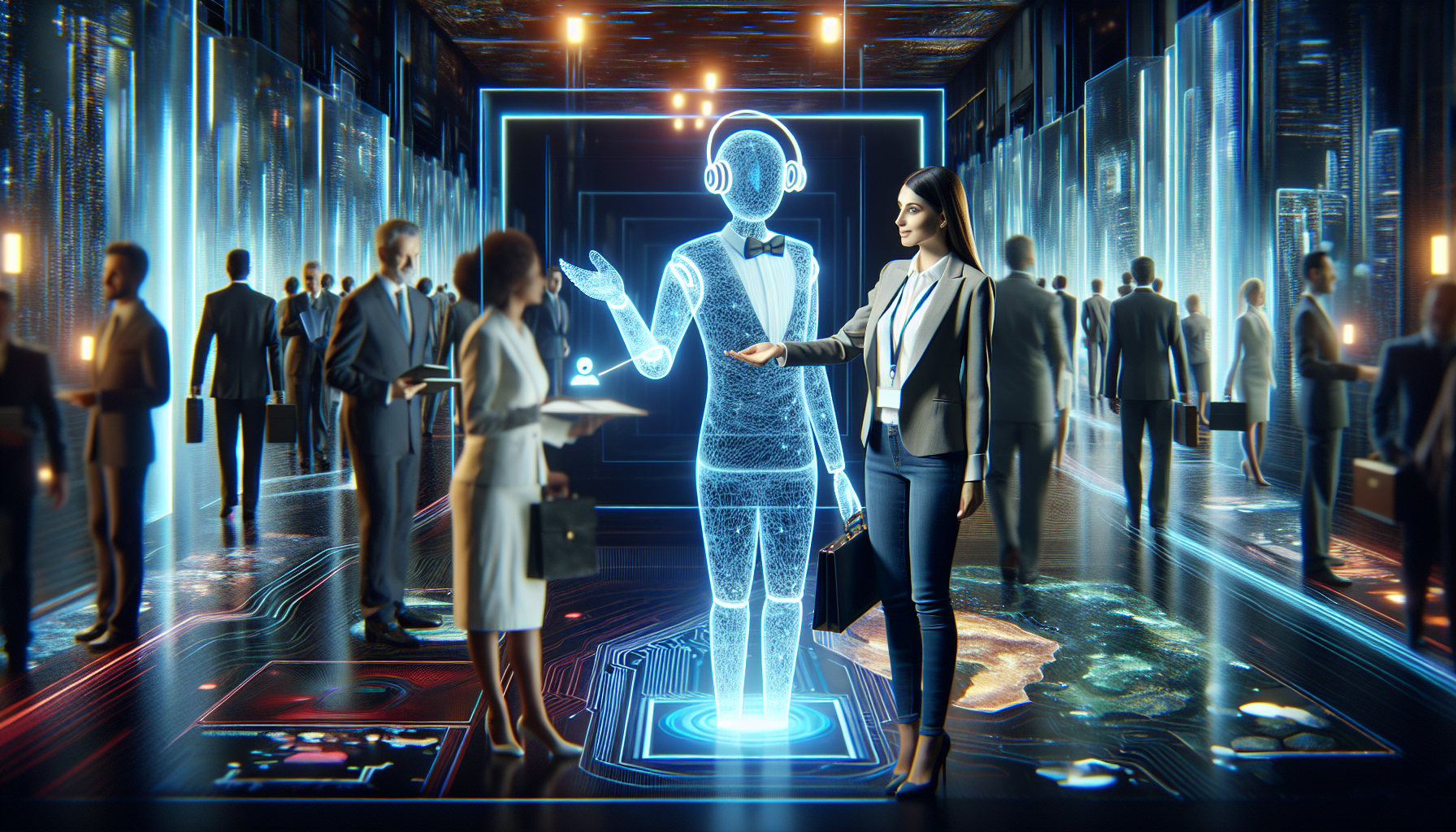 An AI receptionist avatar providing assistance to a virtual event attendee.