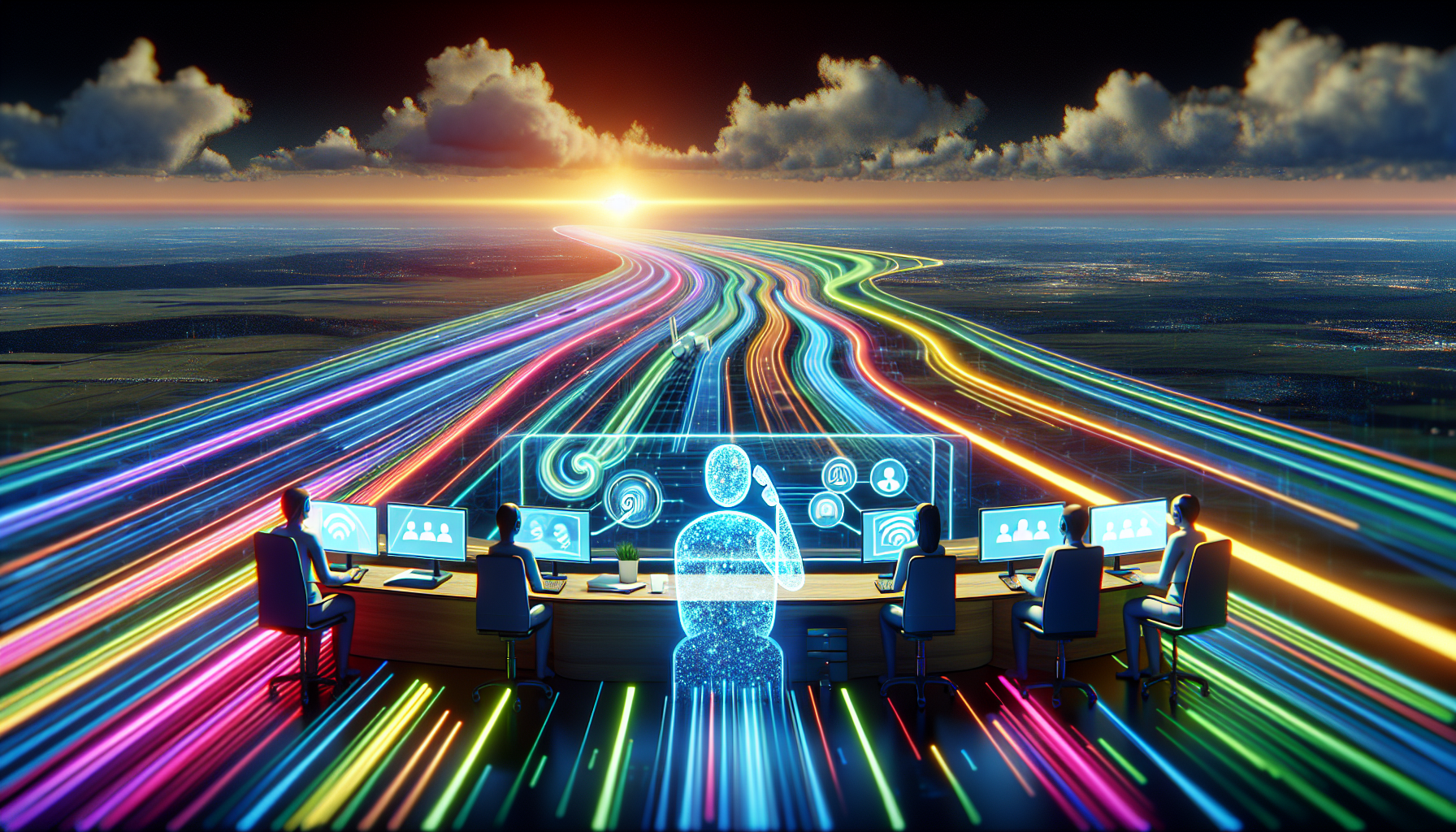 An AI receptionist represented in an illustrated form handling customer calls and online inquiries in different screens