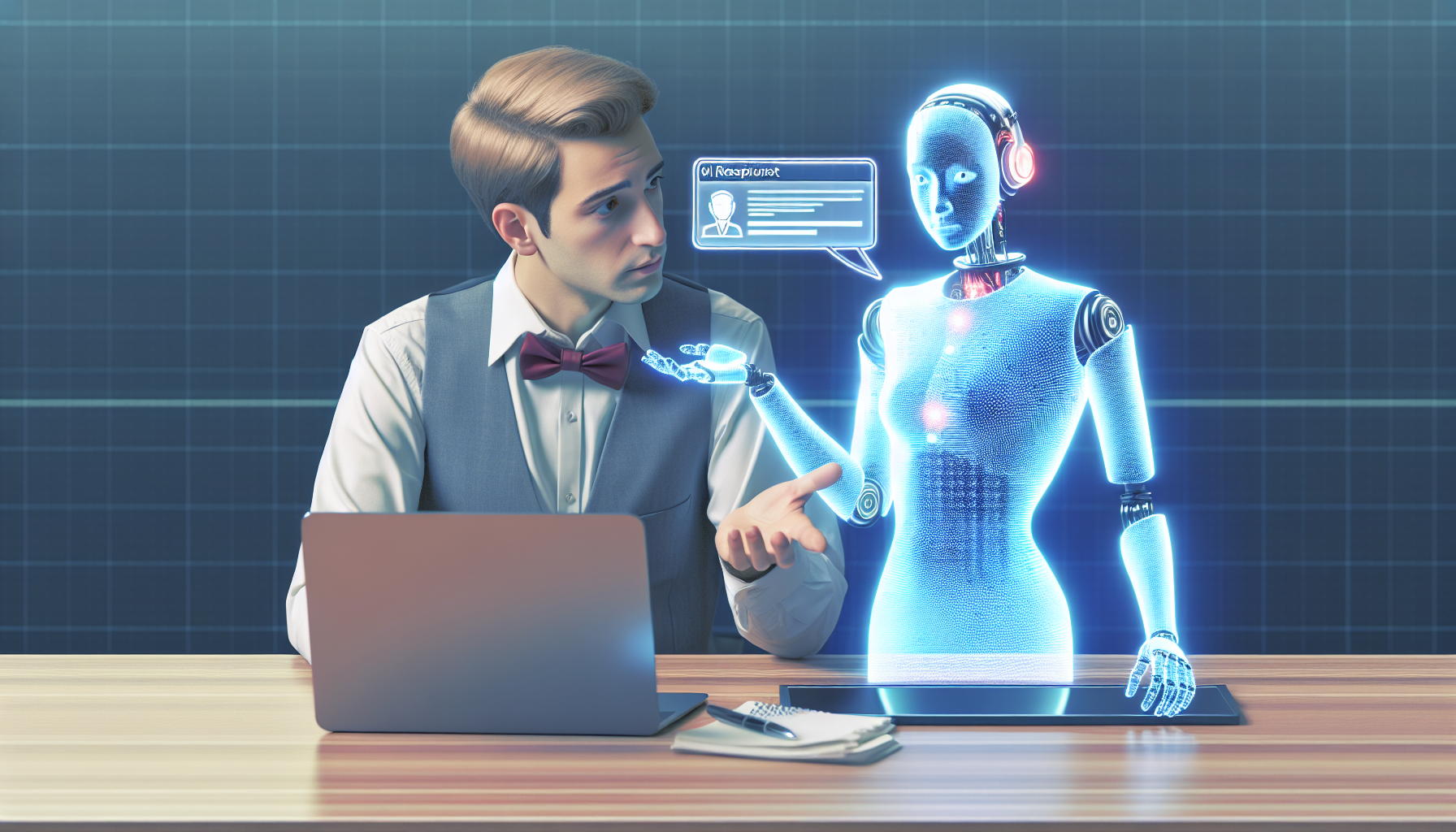 A digital representation of an AI receptionist assisting a user with their technical issues.