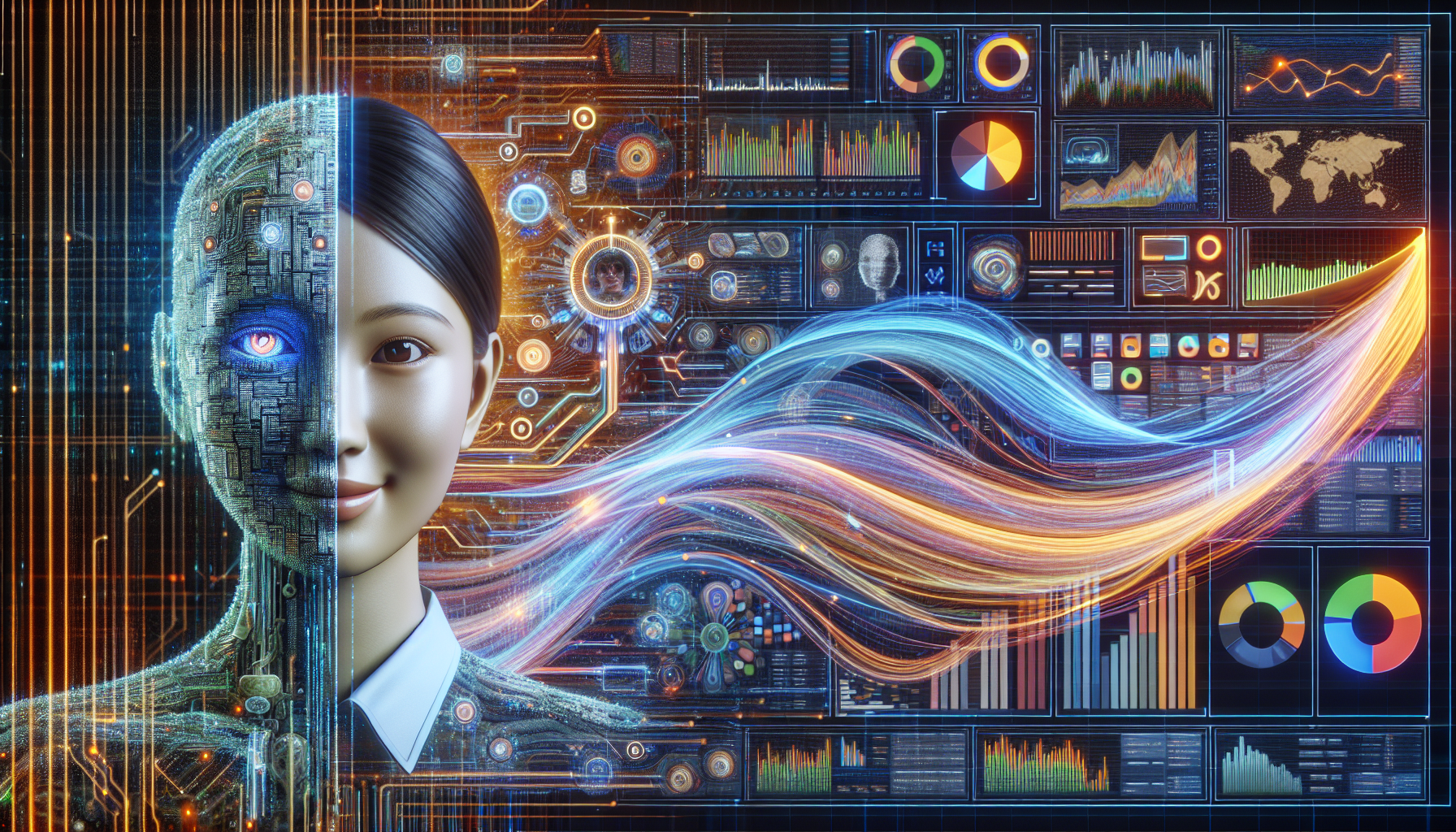 An AI receptionist on a screen displaying real-time data analytics