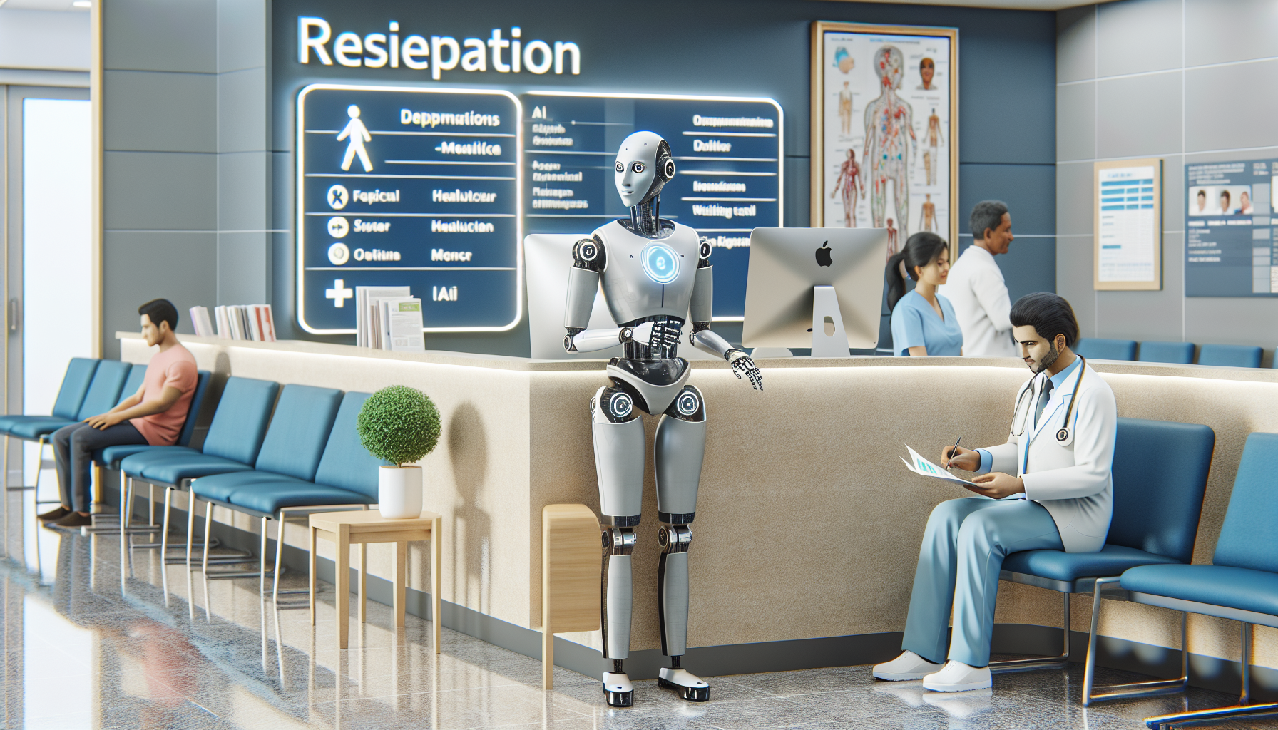 An AI robot receptionist in a healthcare setting