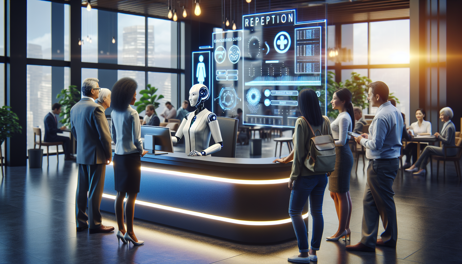 A digital image illustrating an AI-powered receptionist in operation at a legal firm.